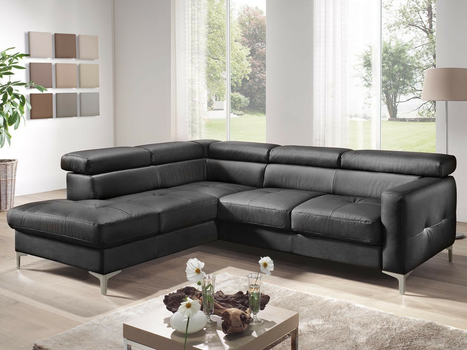 Canapé convertible SAMIRA d’angle avec méridienne gauche éco-cuir noir