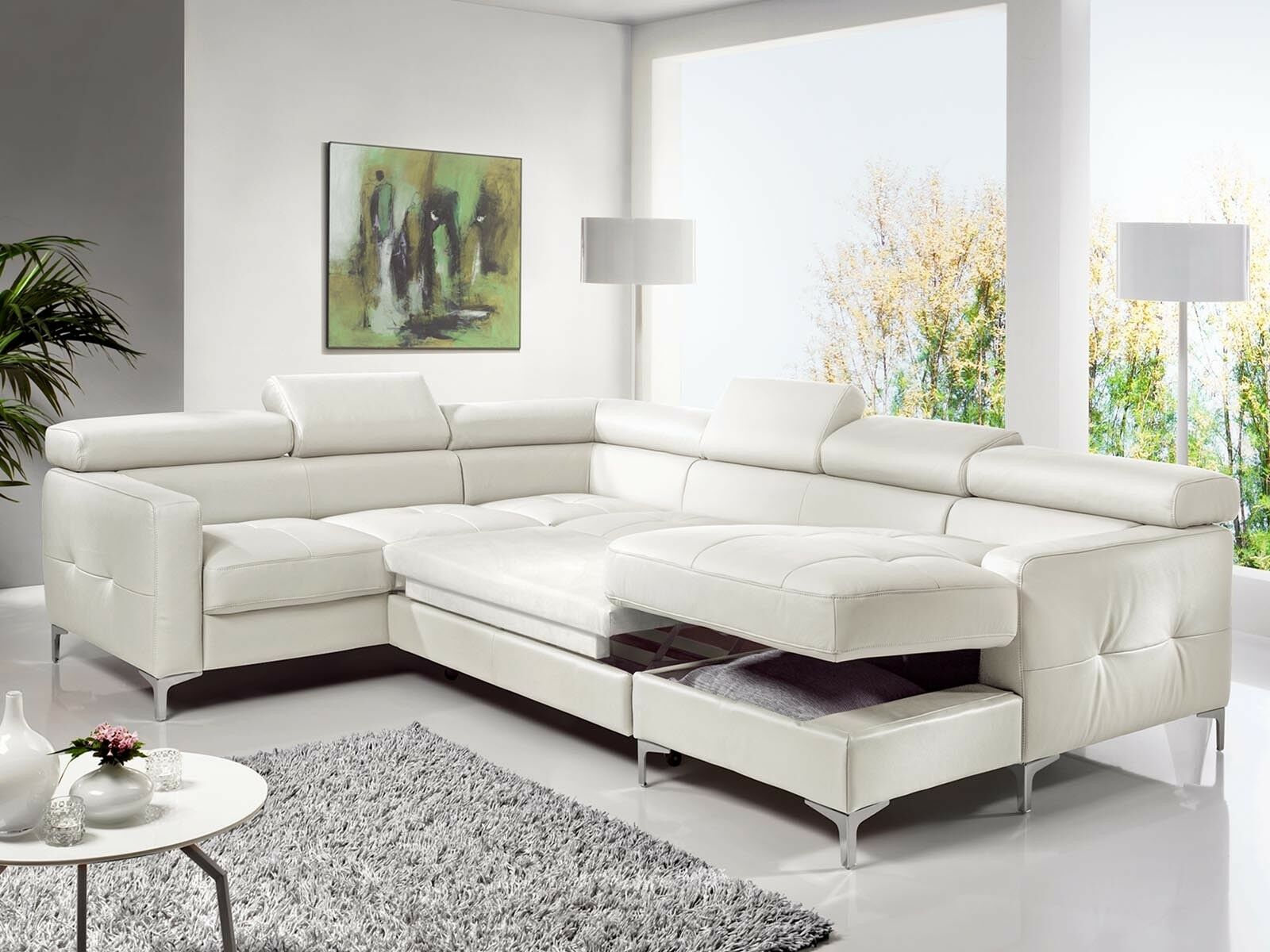 Canapé d’angle convertible SAMIRA avec méridienne droite éco-cuir blanc