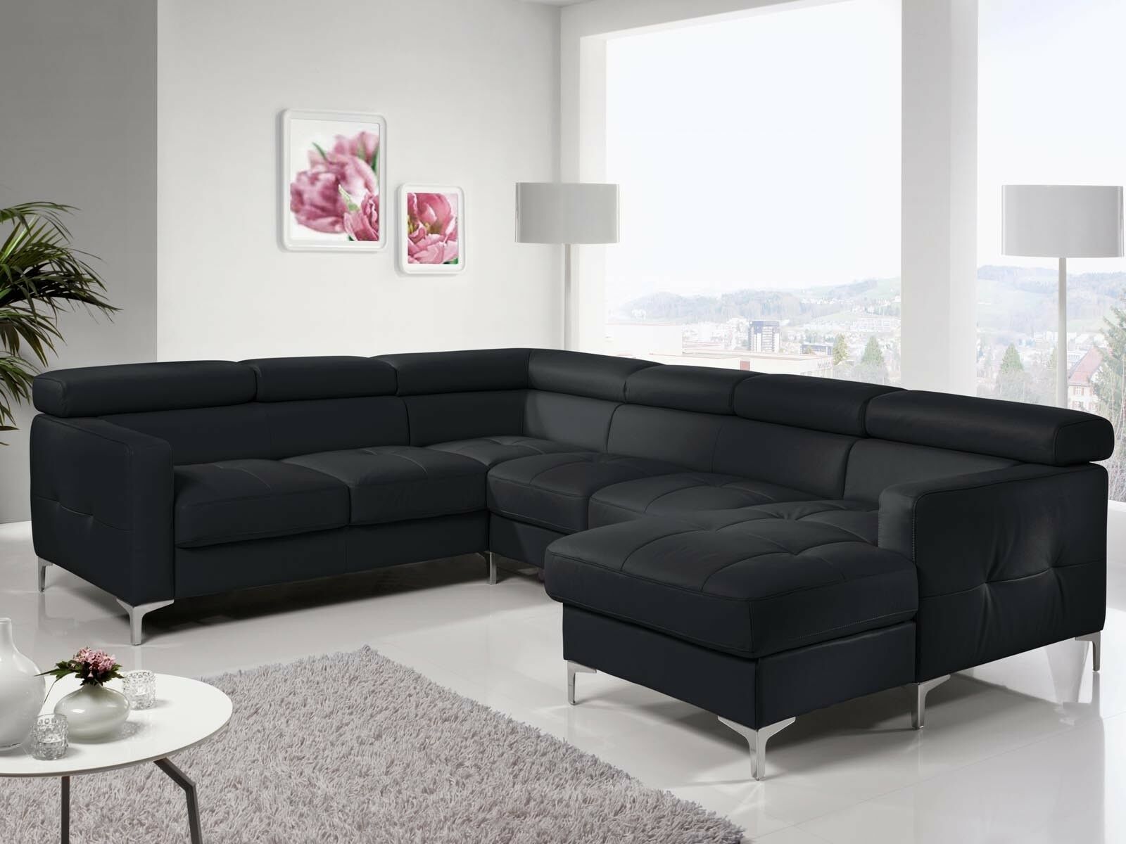 Canapé d’angle convertible SAMIRA avec méridienne droite éco-cuir noir