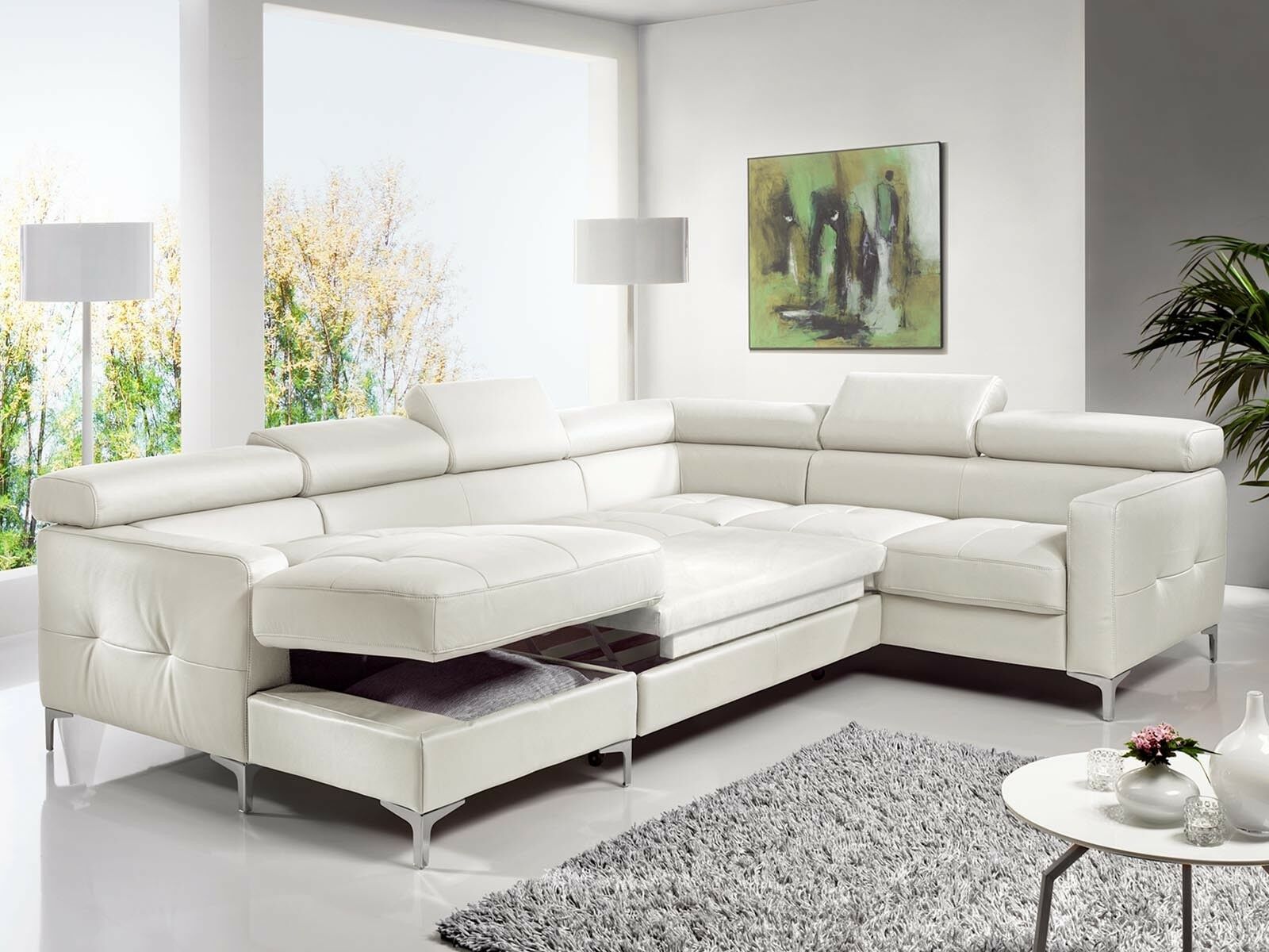 Canapé d’angle convertible SAMIRA avec méridienne gauche éco-cuir blanc