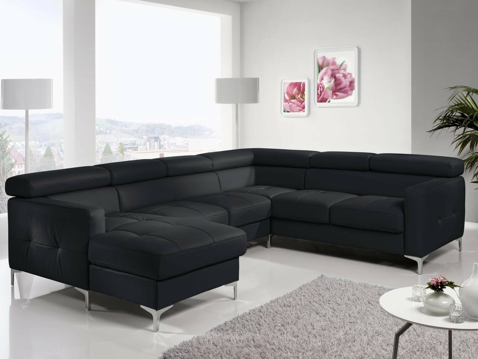 Canapé d’angle convertible SAMIRA avec méridienne gauche éco-cuir noir