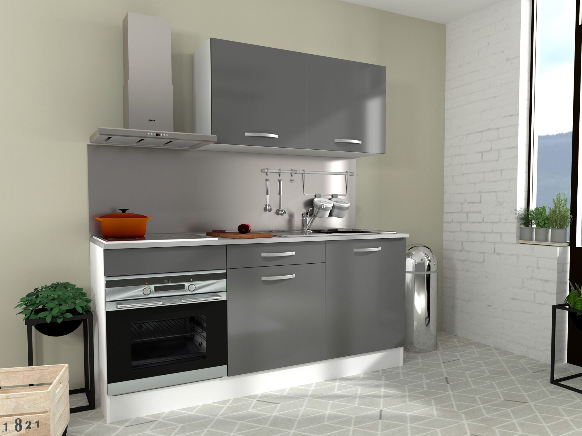 Bloc cuisine ECOTIC 180 cm gris brillant