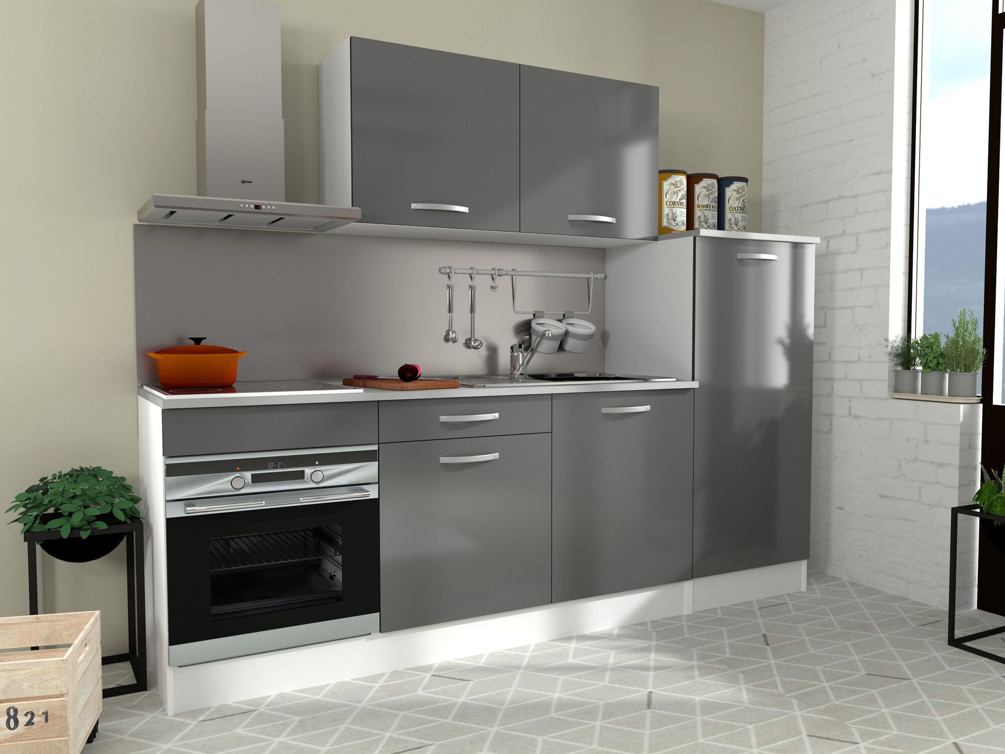 Bloc cuisine ECOTIC 240 cm gris brillant