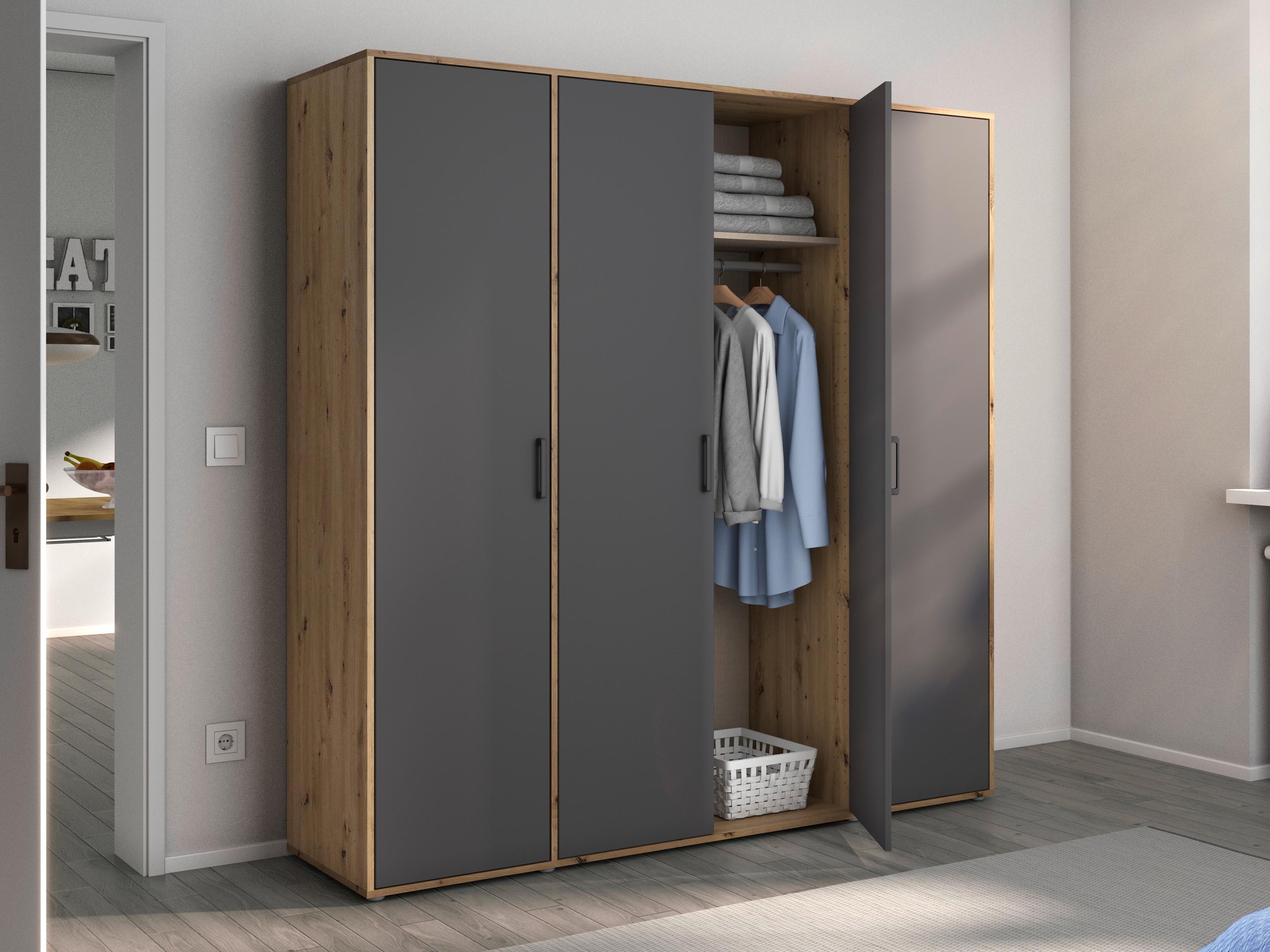 Armoire VOLTARI 4 portes gris métallique/chêne artisan