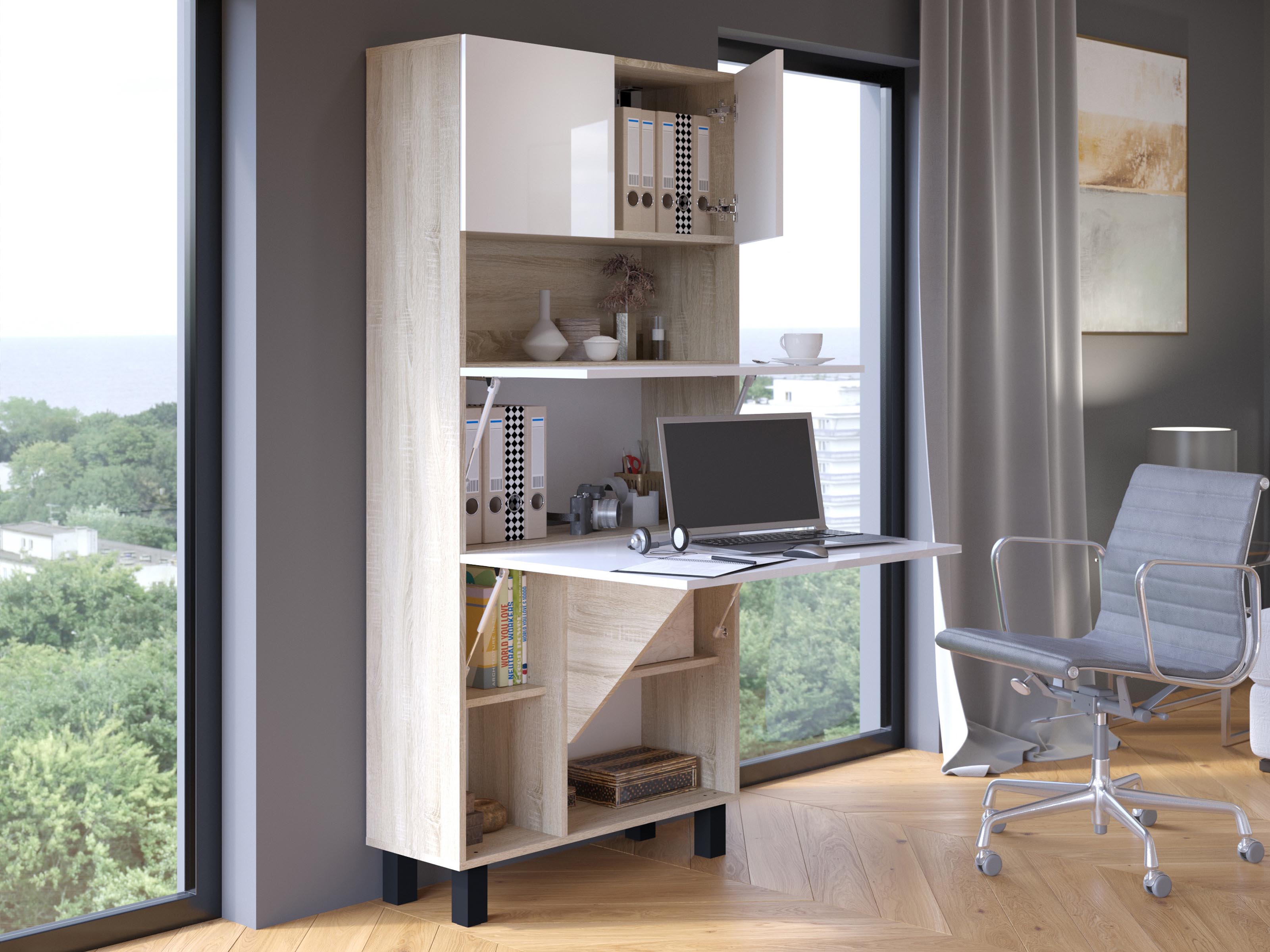 Armoire bureau HOMELA 4 portes blanc brillant/chêne sonoma