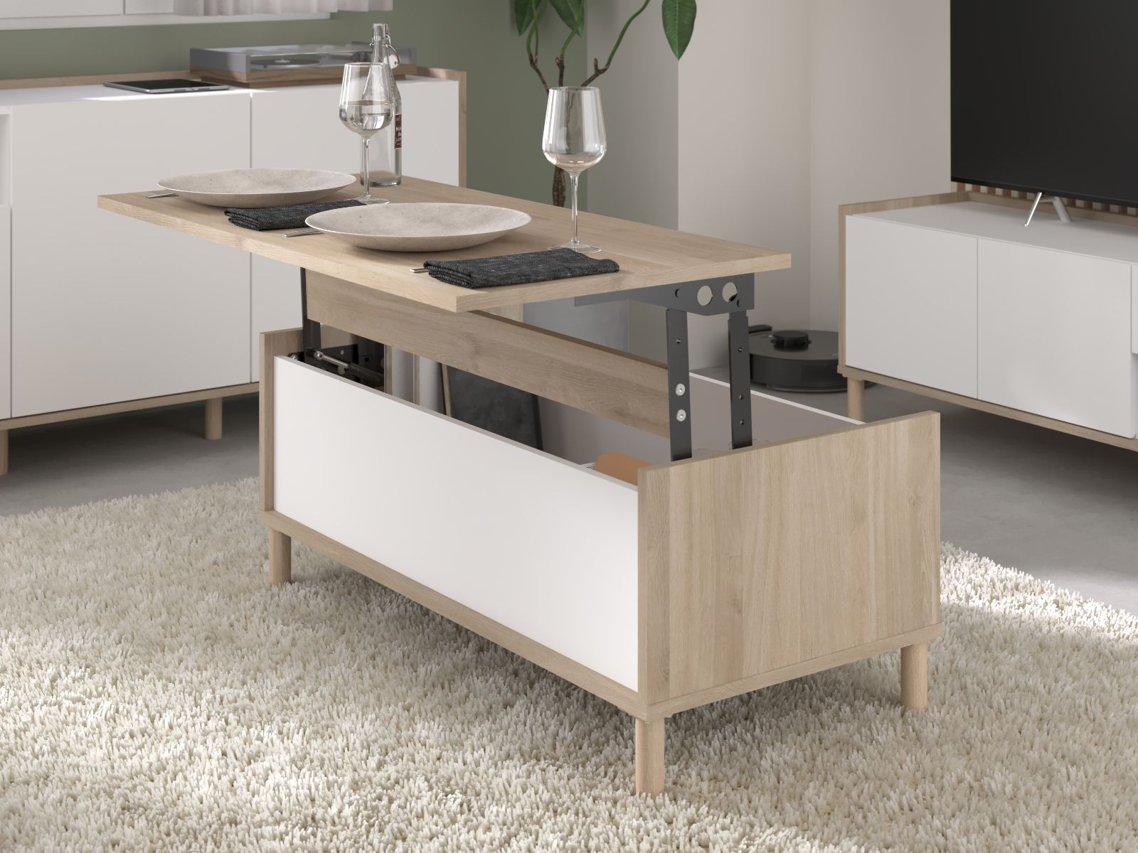 Table basse avec plateau relevable MORPHEE 110 cm chêne japonais/blanc