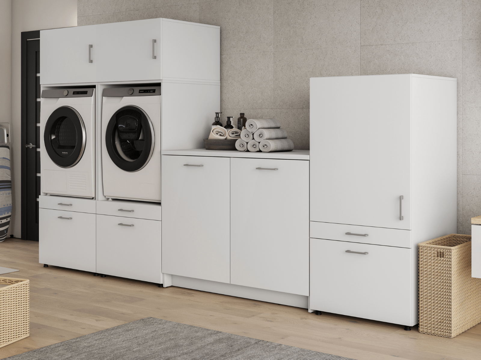 Meuble WASHING 2 machines avec armoire 1 porte 2 tiroirs et meuble bas blanc avec 2 surmeubles