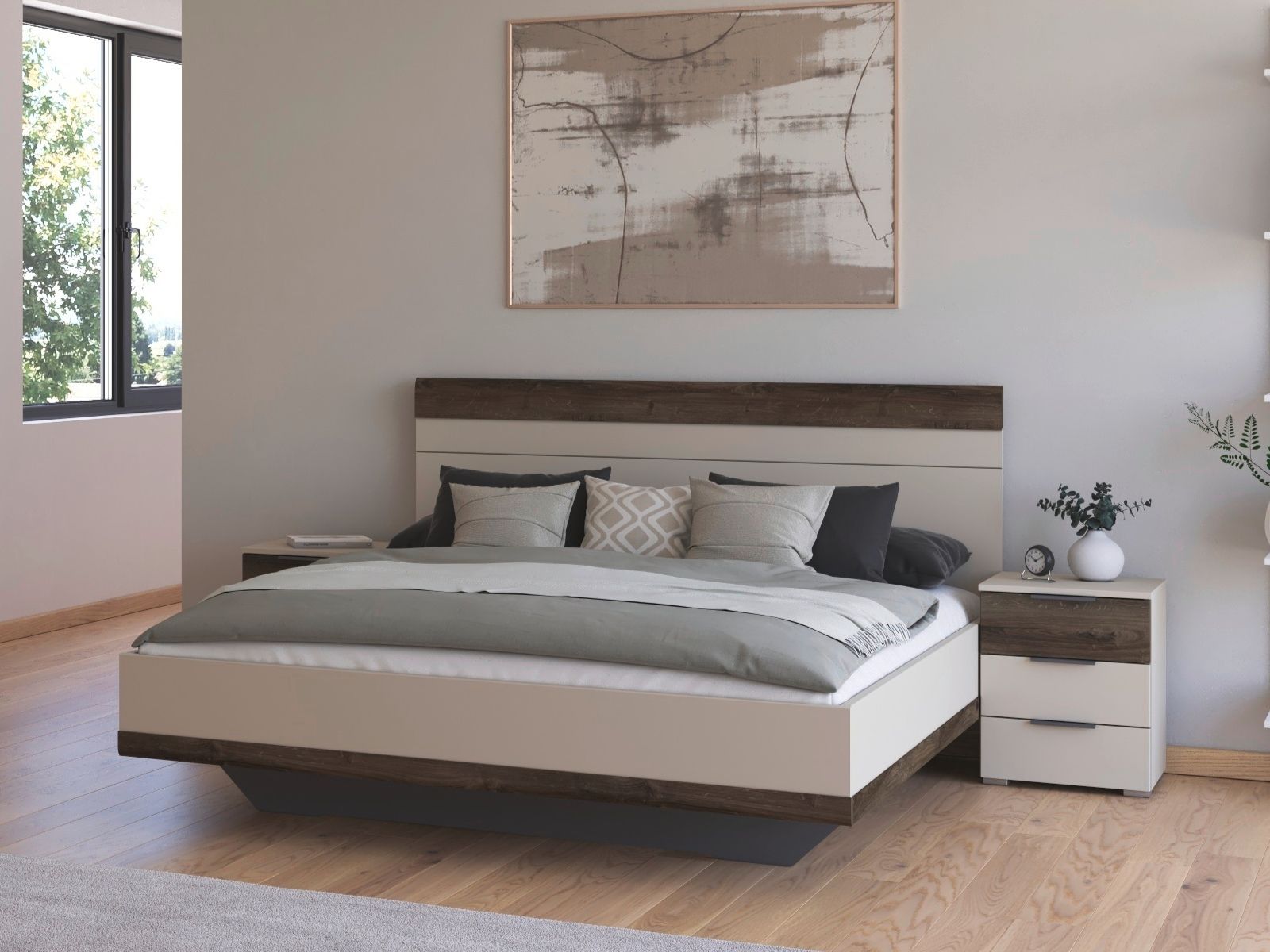 Lit et chevets SAJORIS 160x200 cm cachemire/chêne atlantique