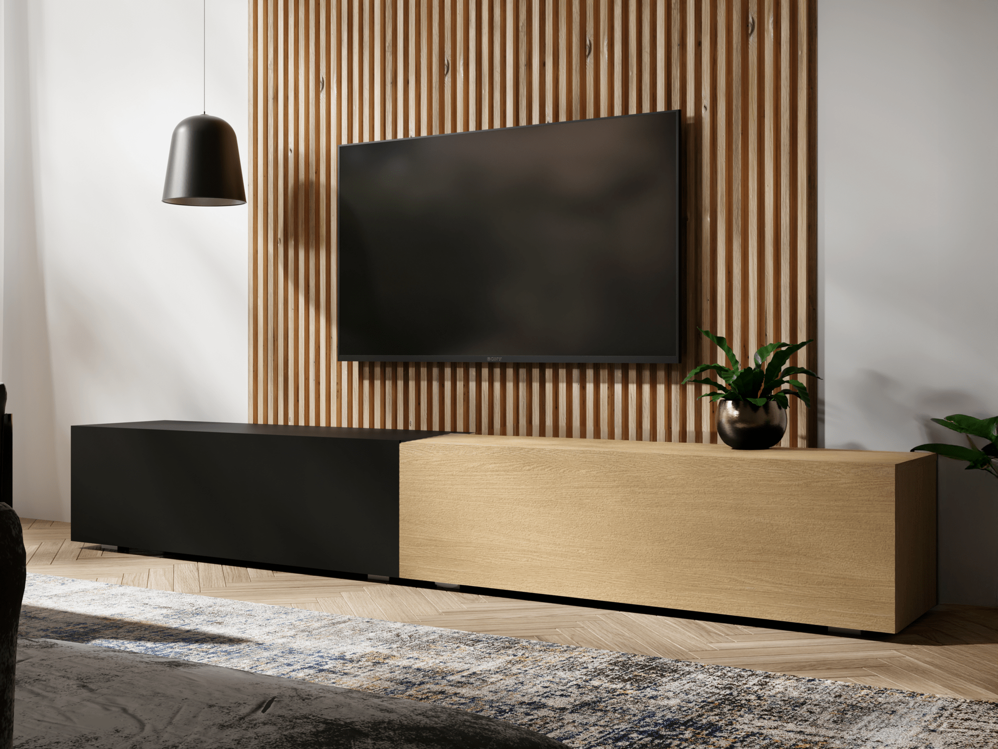 Meuble tv-hifi KINGSTON DUO 2 portes battantes 210 cm chêne/noir mat