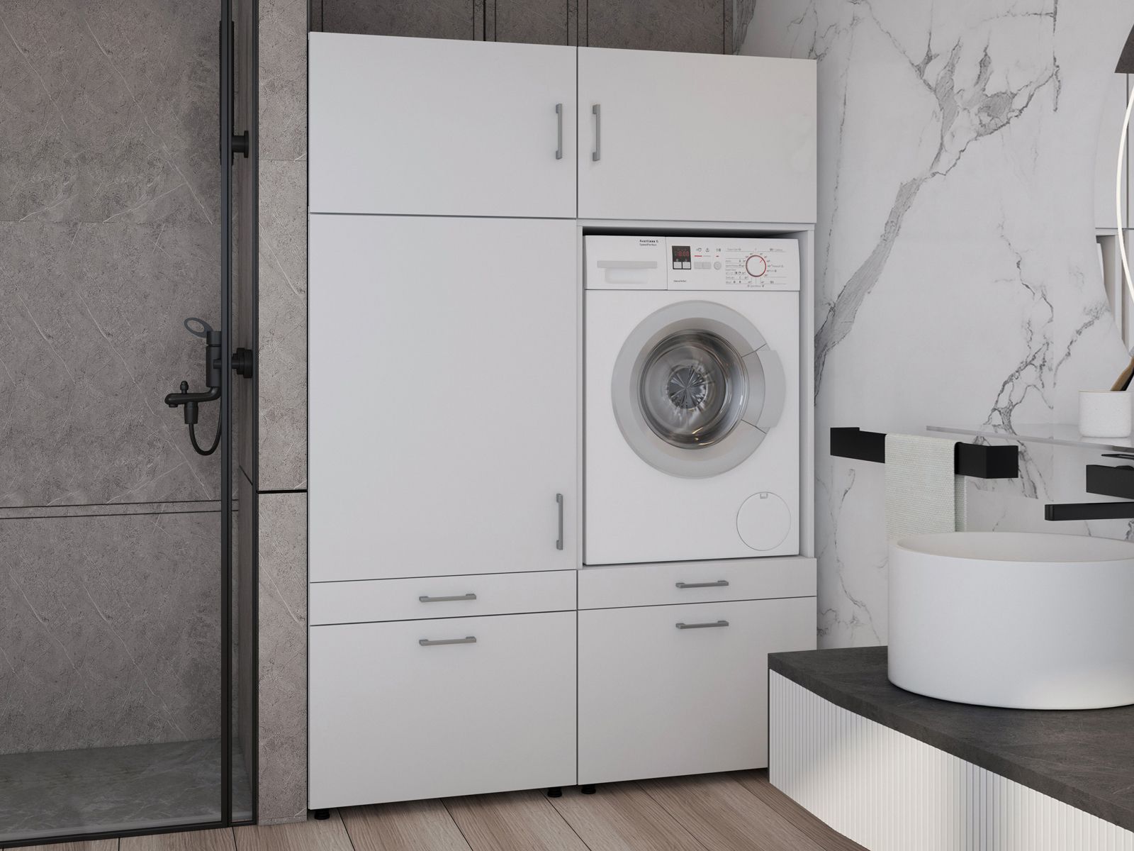 Meuble WASHING 1 machine avec armoire 1 porte 2 tiroirs LARGE blanc