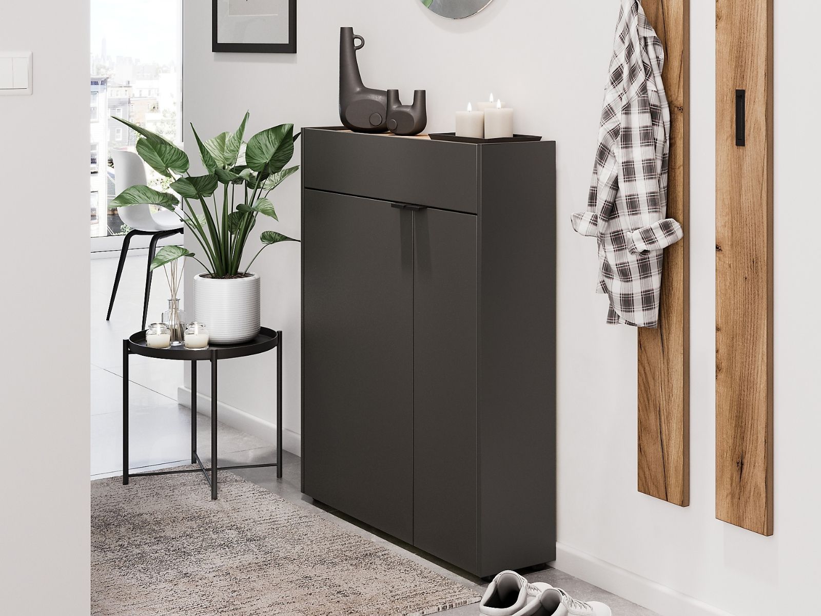 Meuble à chaussures AMEYA 2 portes 1 tiroir 83 cm graphite/chêne navarra (vertical)