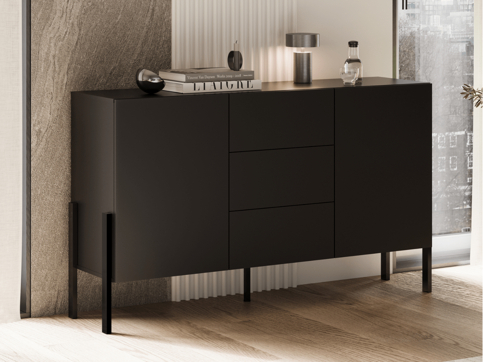 Buffet/bahut JUKAMI 2 portes 3 tiroirs 150 cm noir