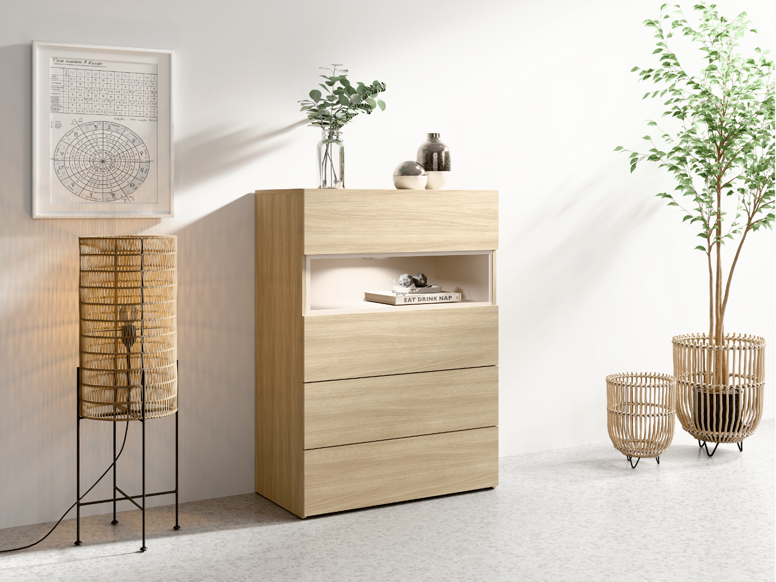 Commode VILLANOVA 4 tiroirs chêne barista avec led