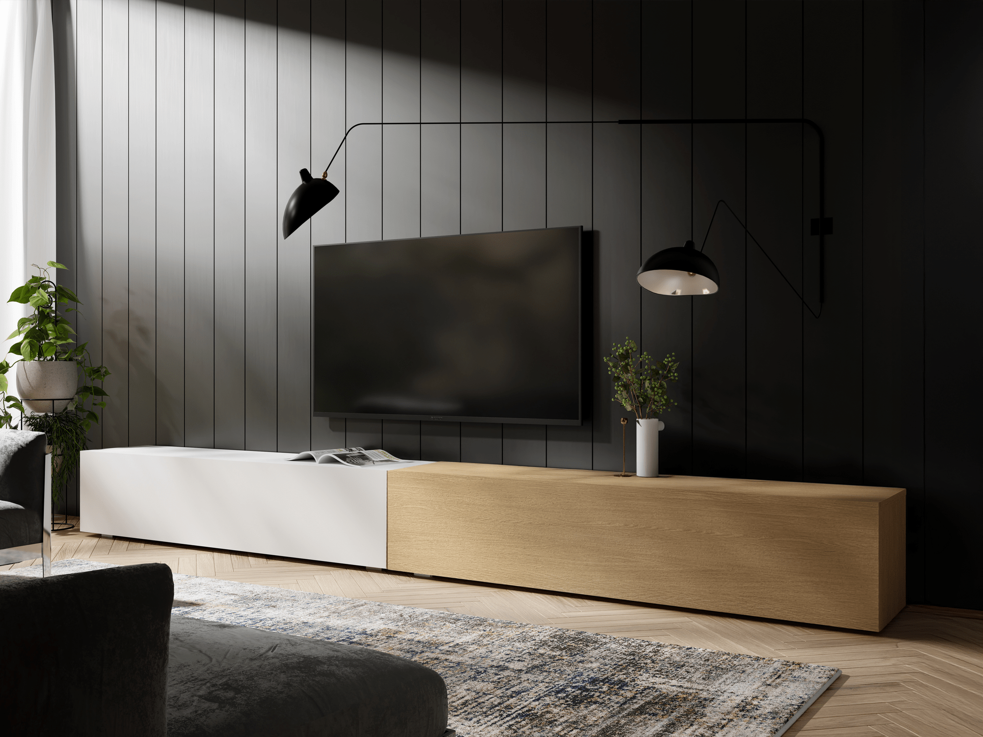 Meuble tv-hifi KINGSTON DUO 2 portes battantes 280 cm chêne/blanc mat