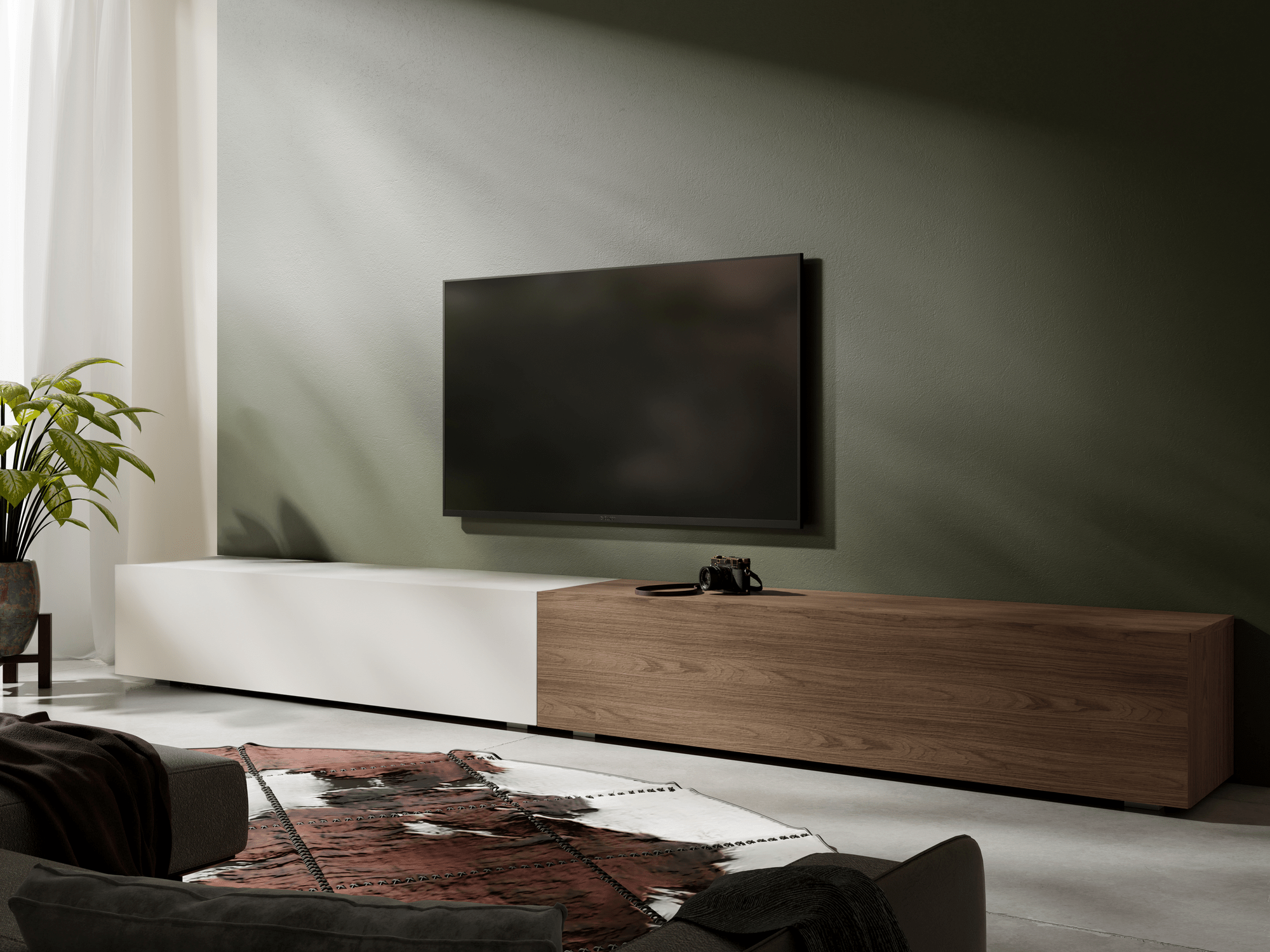 Meuble tv-hifi KINGSTON DUO 2 portes battantes 280 cm blanc mat/noyer