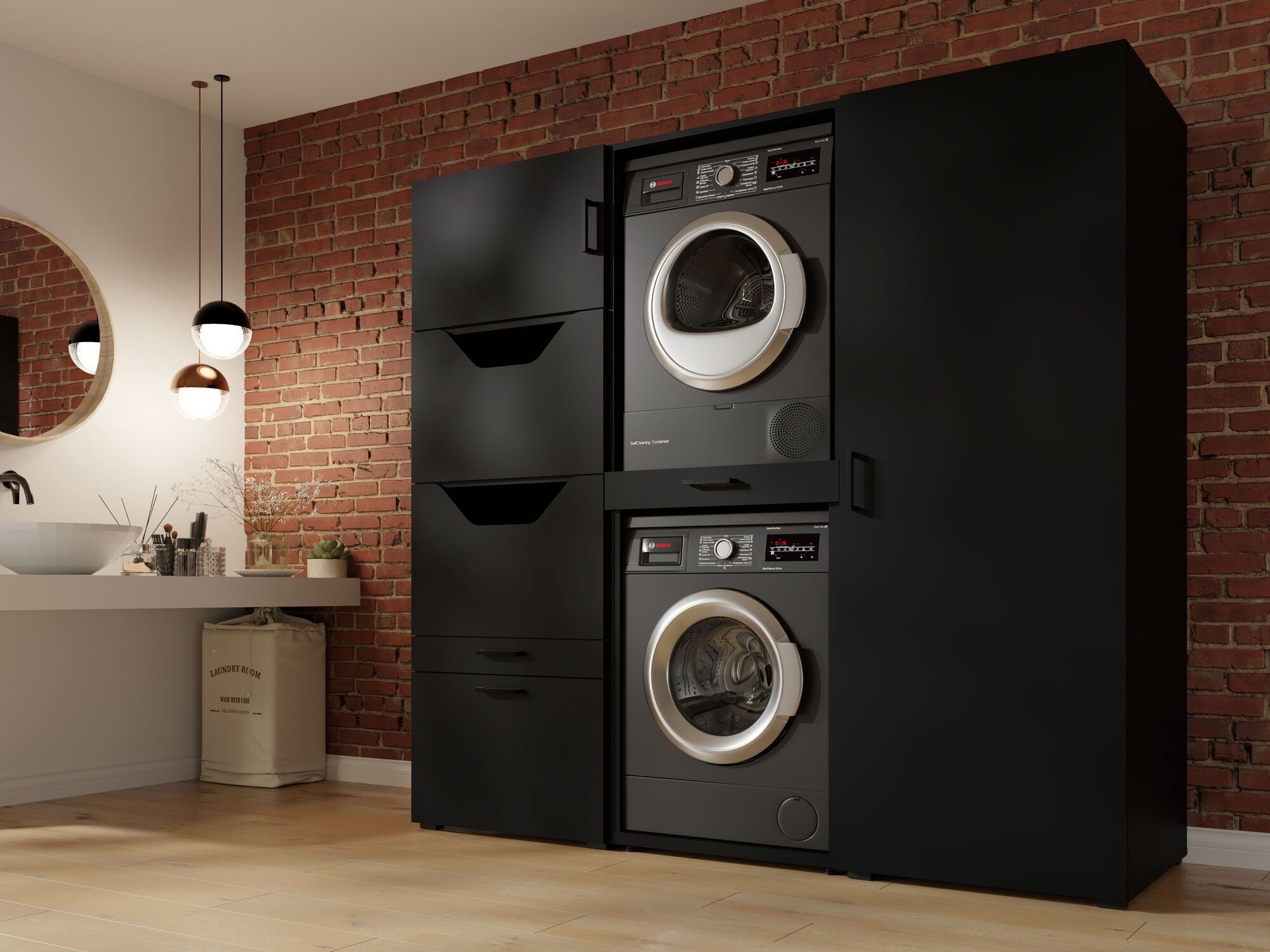 Meuble WASHING 2 machines superposés avec 2 armoires LARGE noir