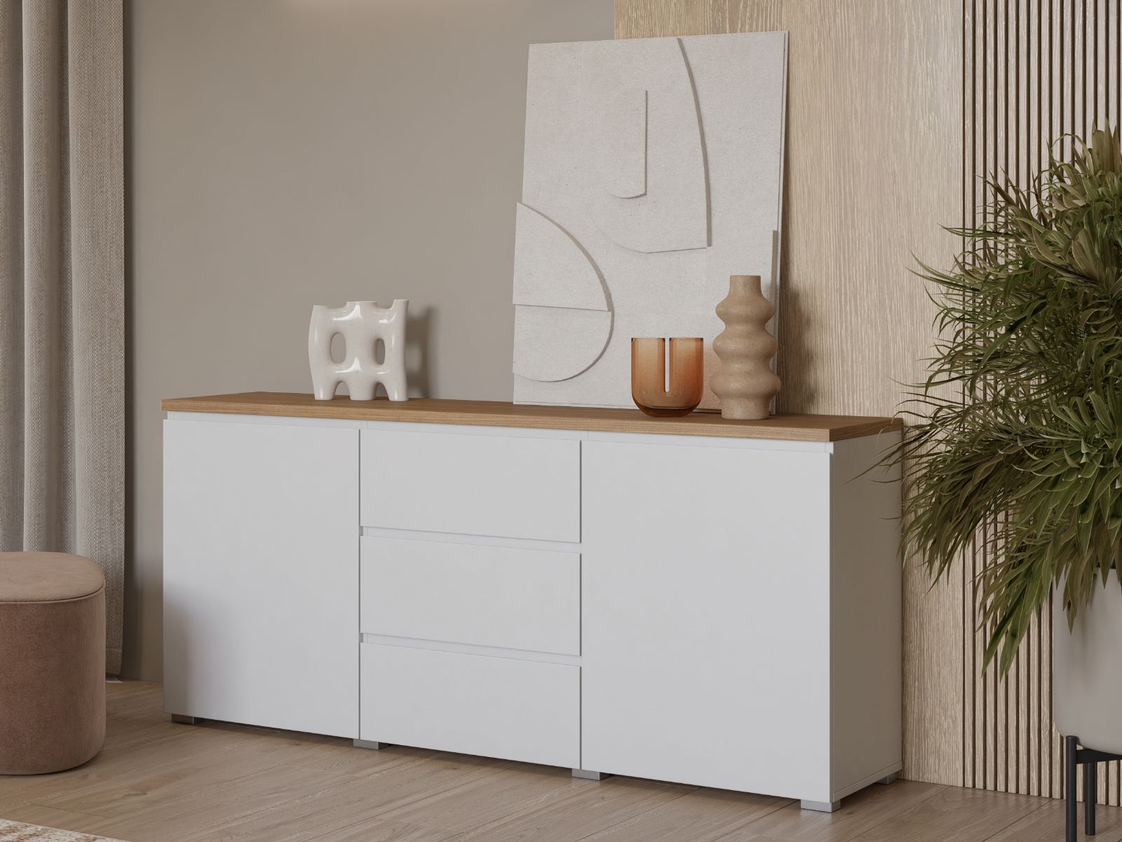 Buffet/bahut MODOK 2 portes 3 tiroirs blanc/chêne mauvella