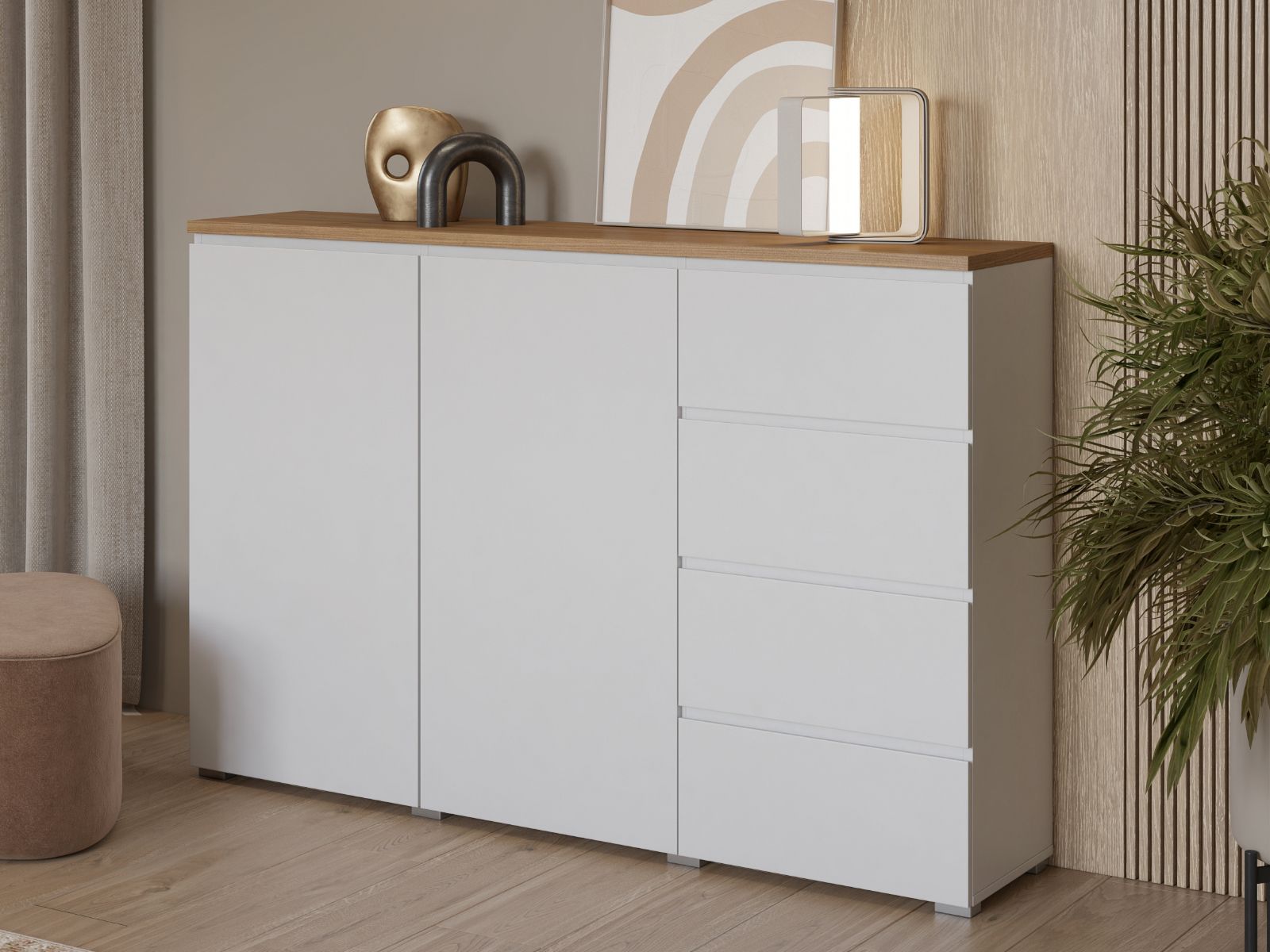 Buffet/bahut MODOK 2 portes 4 tiroirs blanc/chêne mauvella