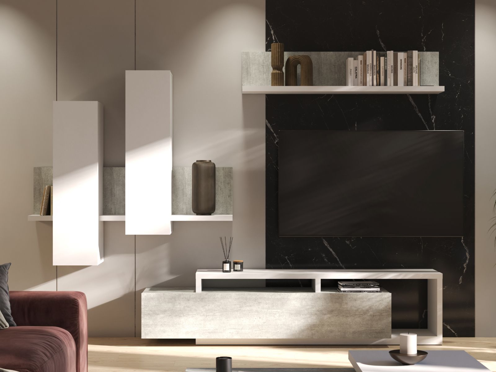 Mur tv-hifi BOTSWANA 2 tiroirs 2 niches blanc/béton