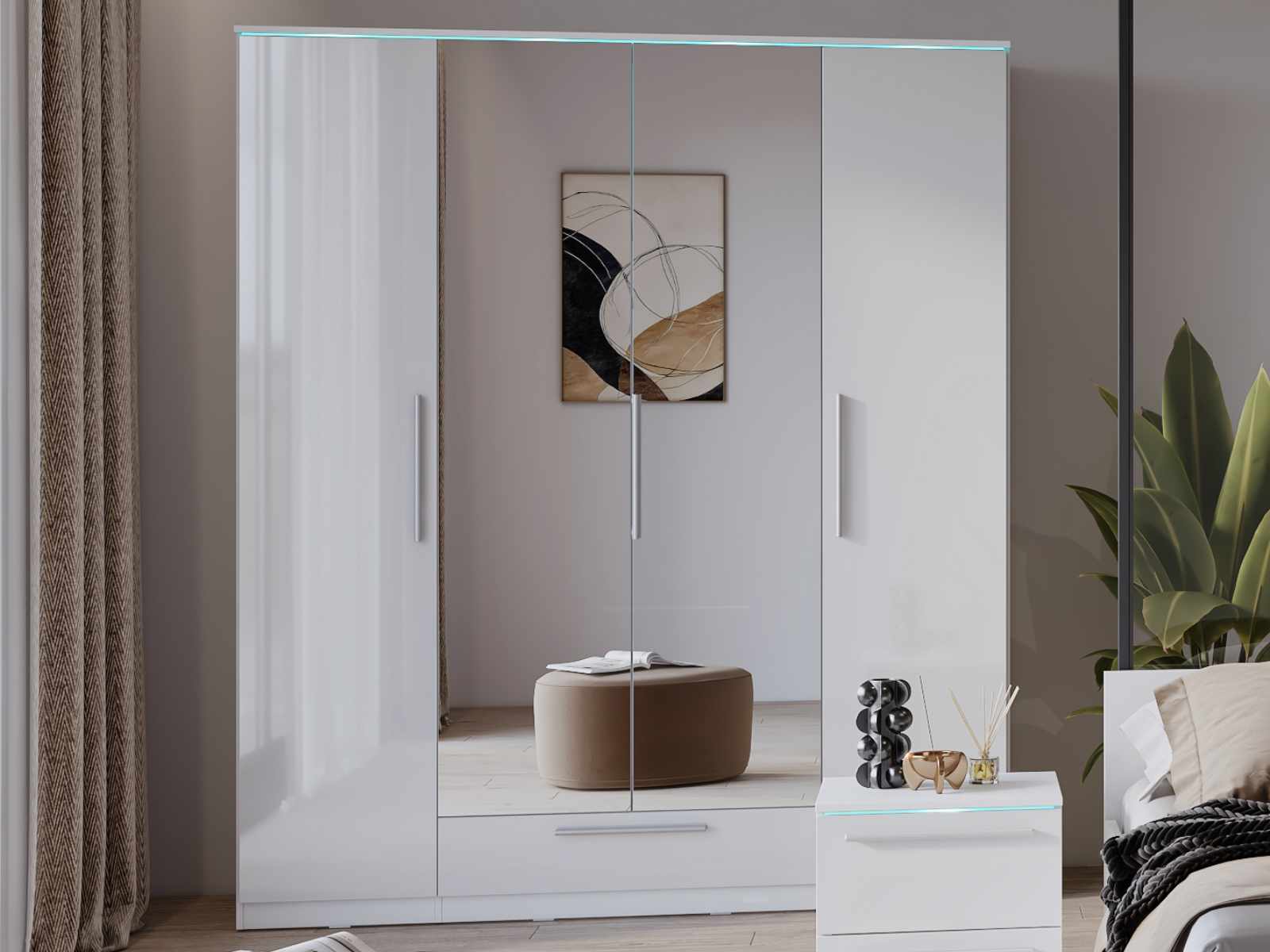 Armoire INDIRA 4 portes 1 tiroir blanc/blanc brillant avec led