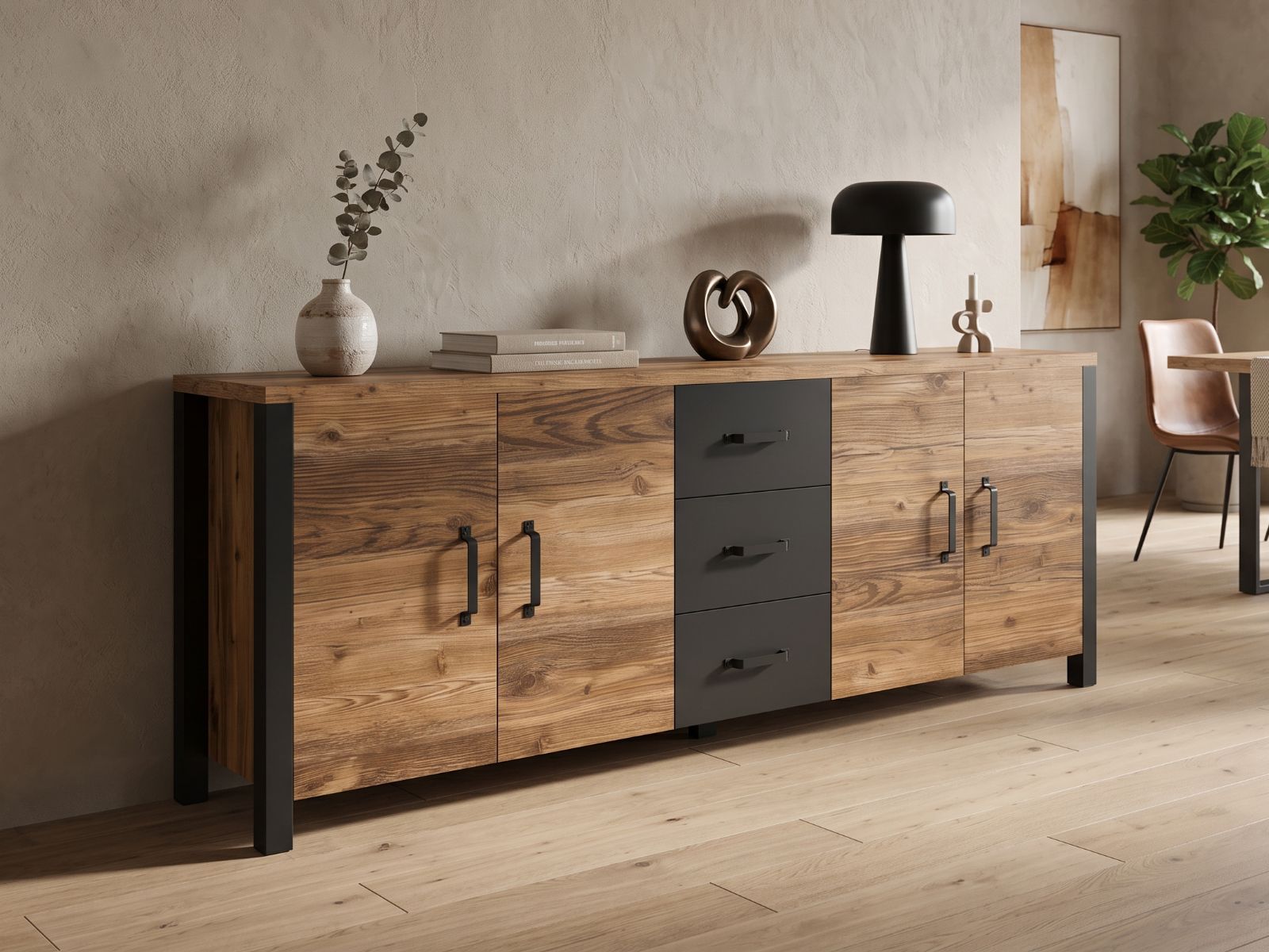 Buffet/bahut OLIANNE 4 portes 3 tiroirs épicéa appenzeller/noir