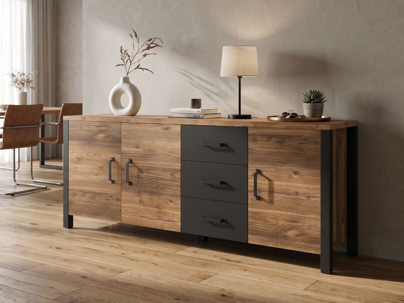Buffet/bahut OLIANNE 3 portes 3 tiroirs épicéa appenzeller/noir