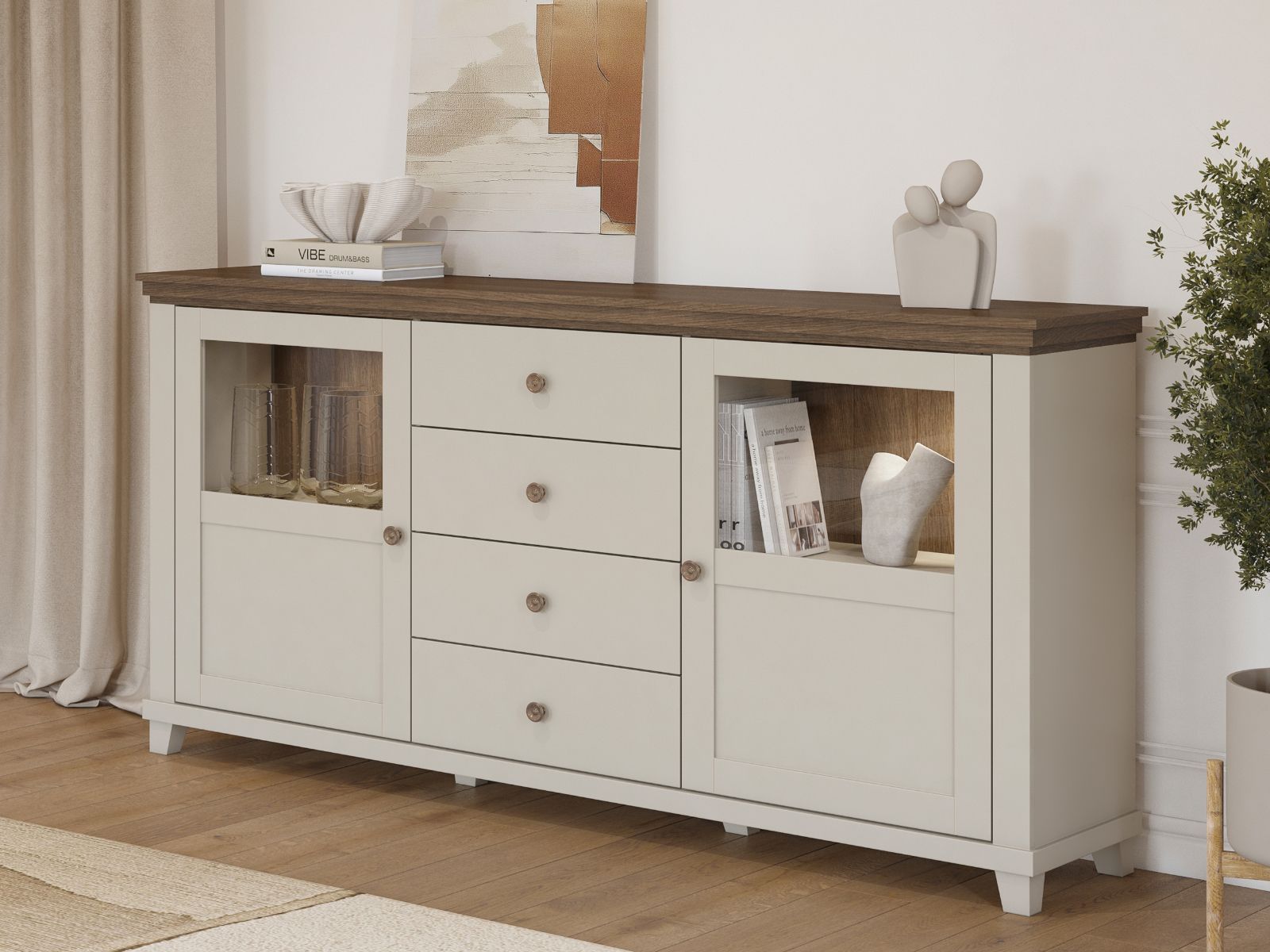 Buffet/bahut EVOCO 2 portes 4 tiroirs cachemire/chêne dunin avec led