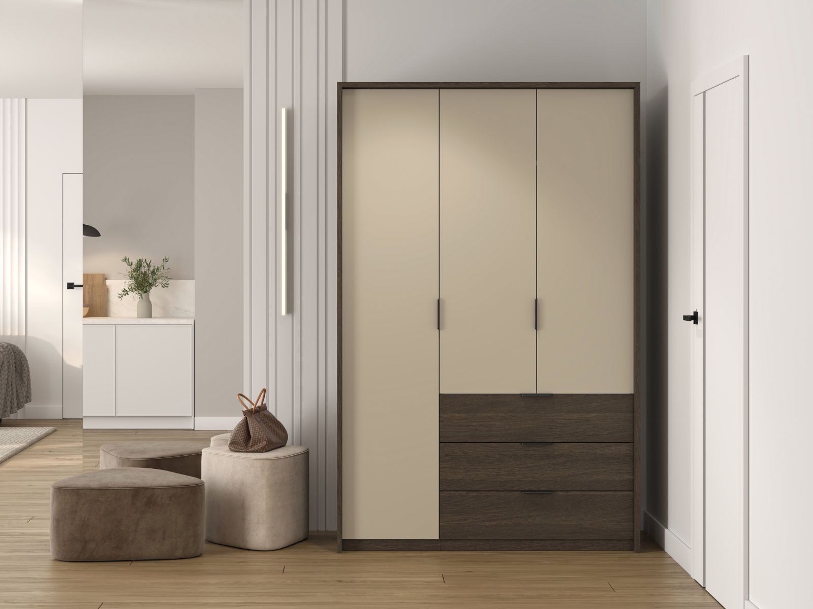 Armoire MOLARIS 3 portes 3 tiroirs cachemire/chêne dunin