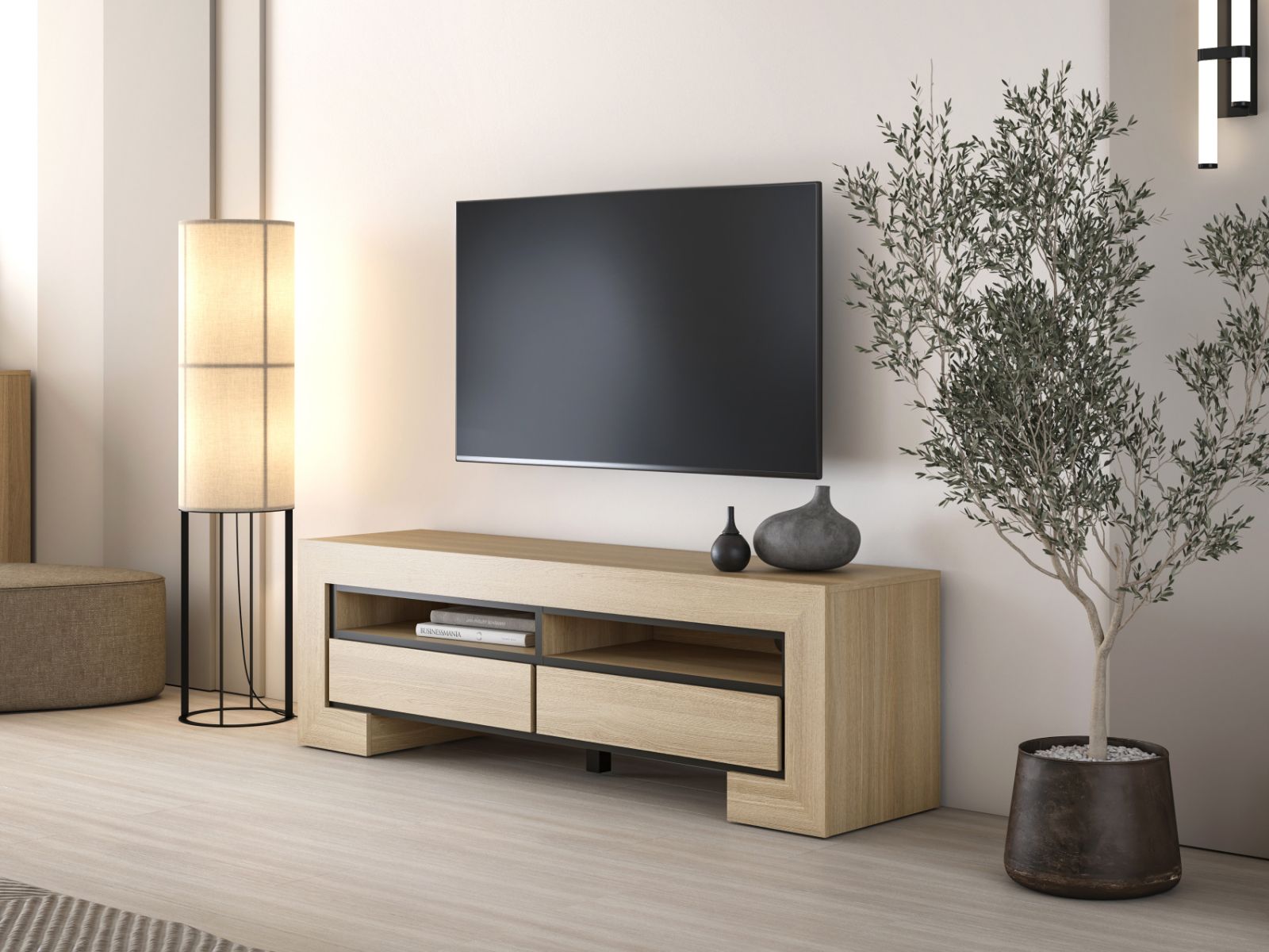 Meuble tv-hifi CASTRO 2 tiroirs 160 cm chêne élégant