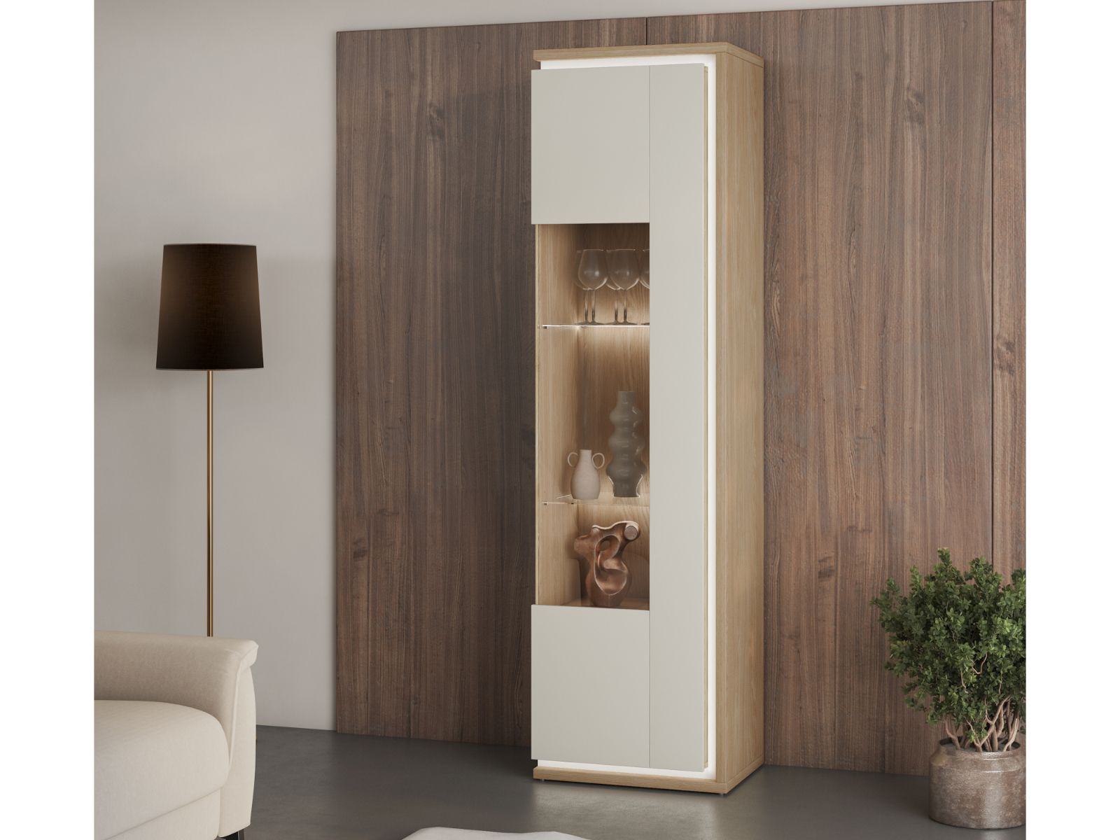Vitrine DOLCE 1 porte 200 cm cachemire/chêne