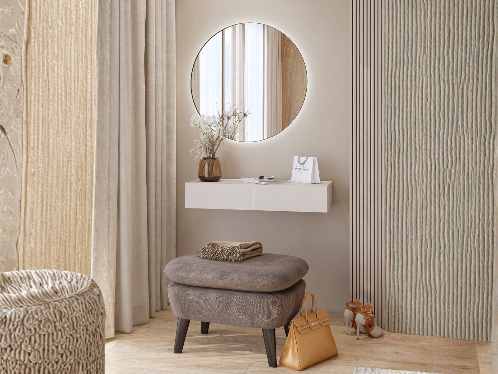 Coiffeuse suspendue avec miroir JUKAMI 2 tiroirs cachemire