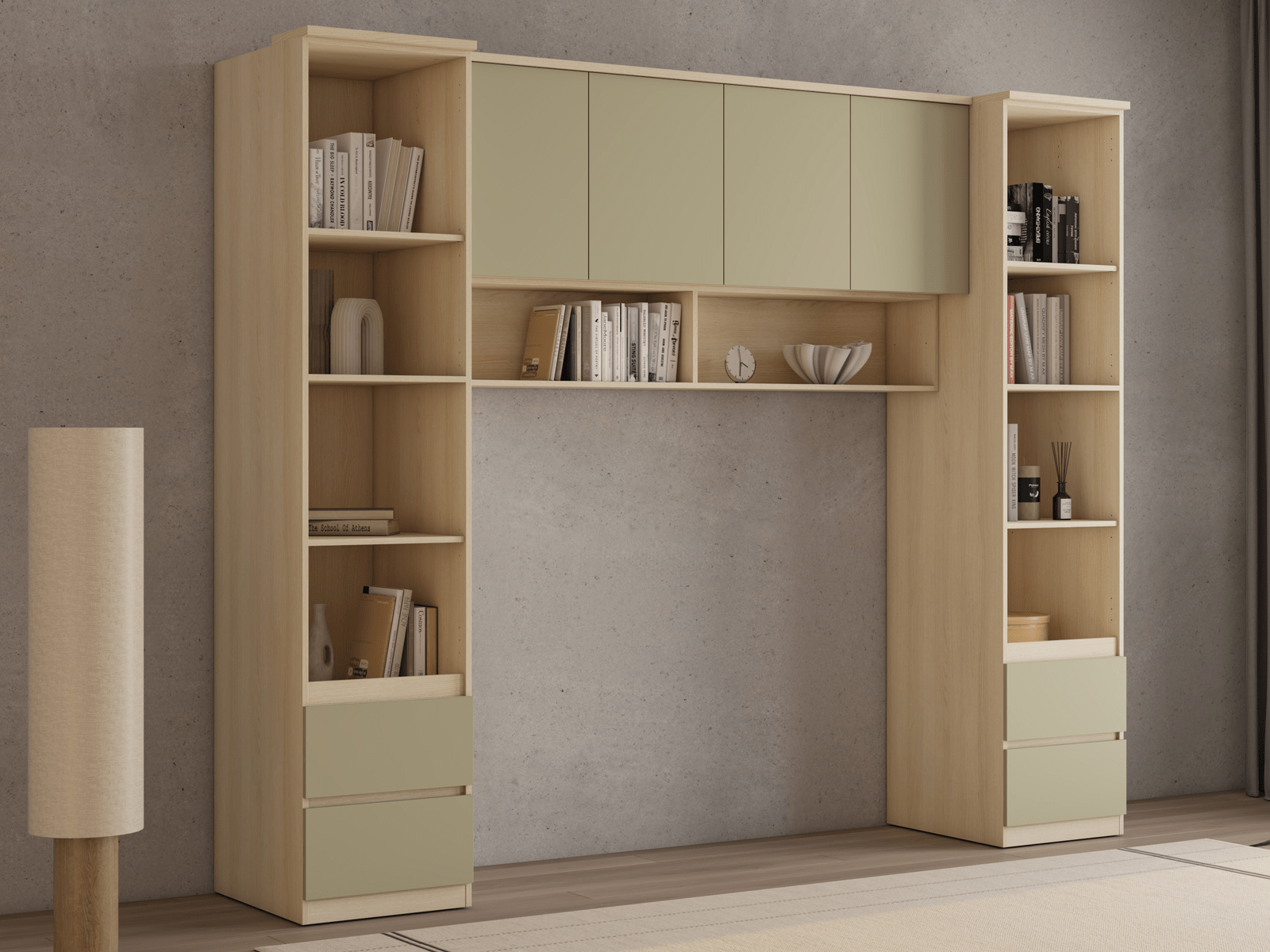 Pont de lit THEODORA 160 cm chêne lindberg/vert eucalyptus ouvert