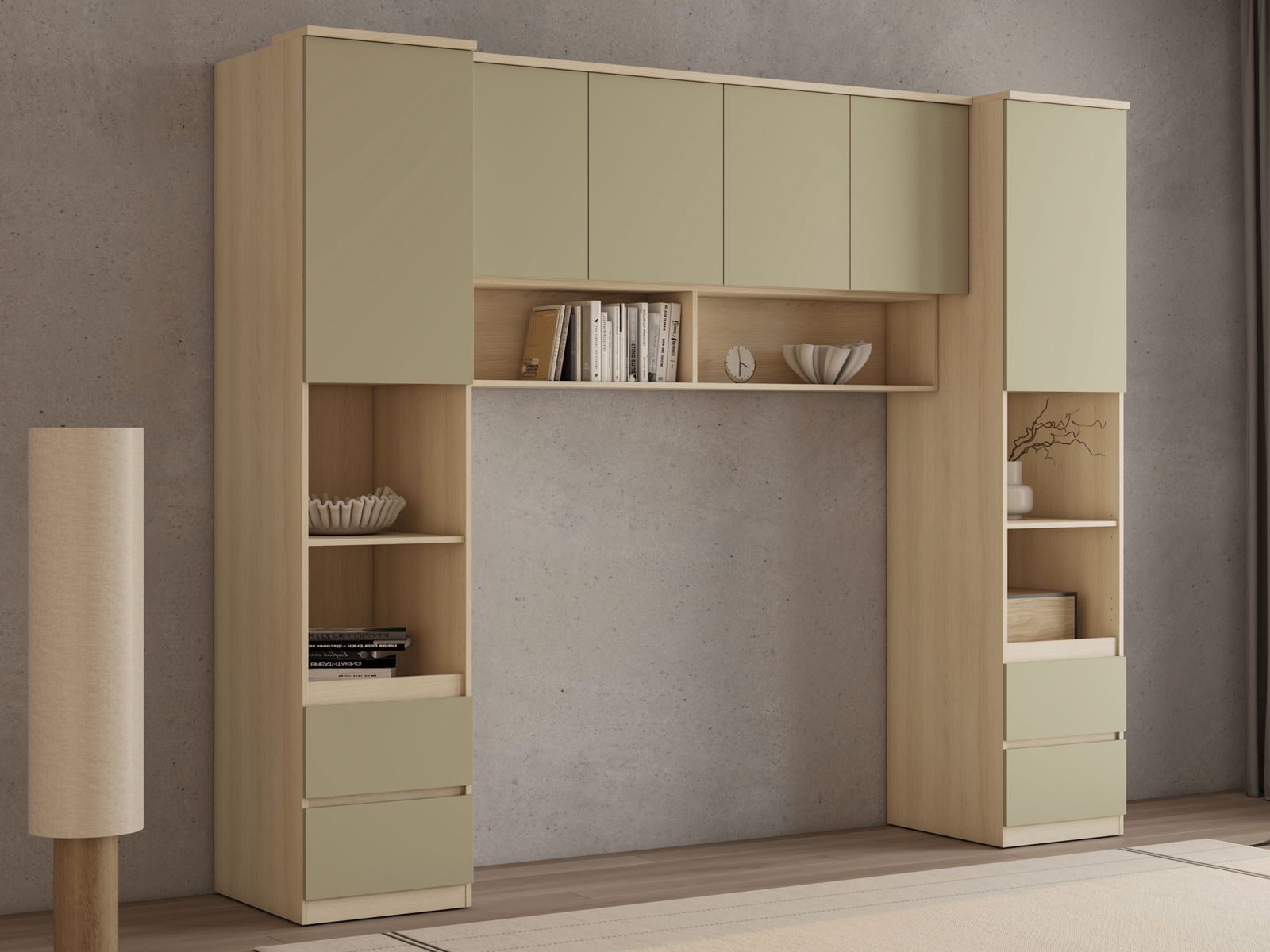 Pont de lit THEODORA 160 cm chêne lindberg/vert eucalyptus semi-ouvert