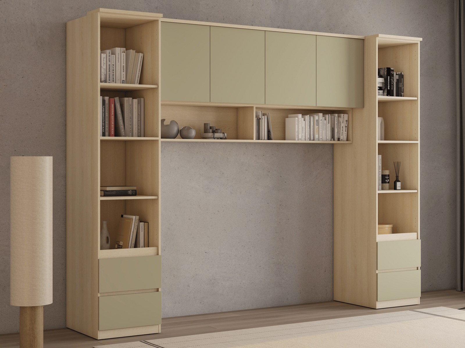 Pont de lit THEODORA 180 cm chêne lindberg/vert eucalyptus ouvert