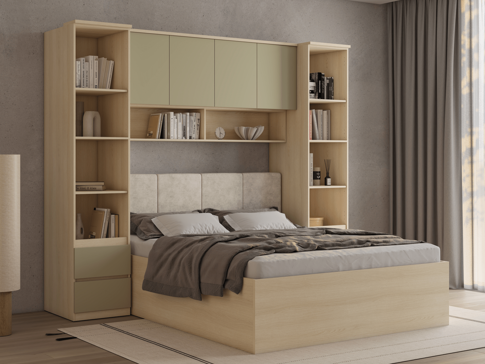 Lit pont THEODORA 160x200 cm chêne lindberg/vert eucalyptus ouvert