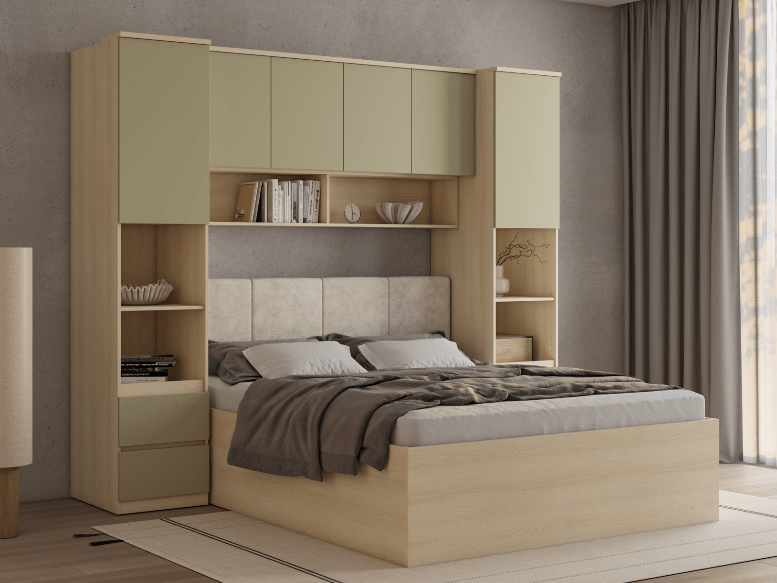 Lit pont THEODORA 160x200 cm chêne lindberg/vert eucalyptus semi-ouvert