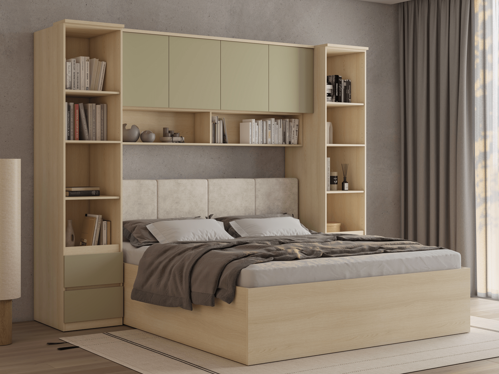 Lit pont THEODORA 180x200 cm chêne lindberg/vert eucalyptus ouvert