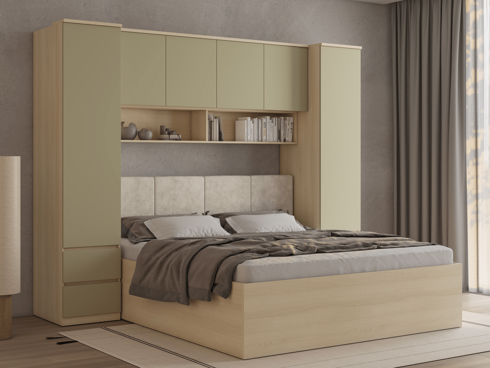 Lit pont THEODORA 180x200 cm chêne lindberg/vert eucalyptus fermé