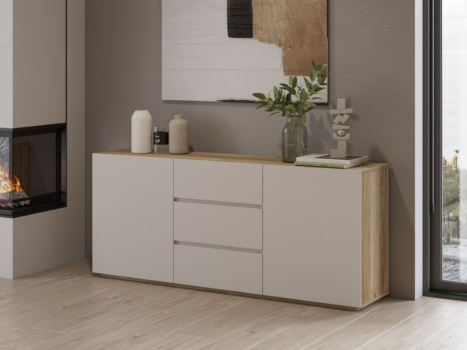 Buffet/bahut KRISY 2 portes 3 tiroirs cachemire/chêne mauvella