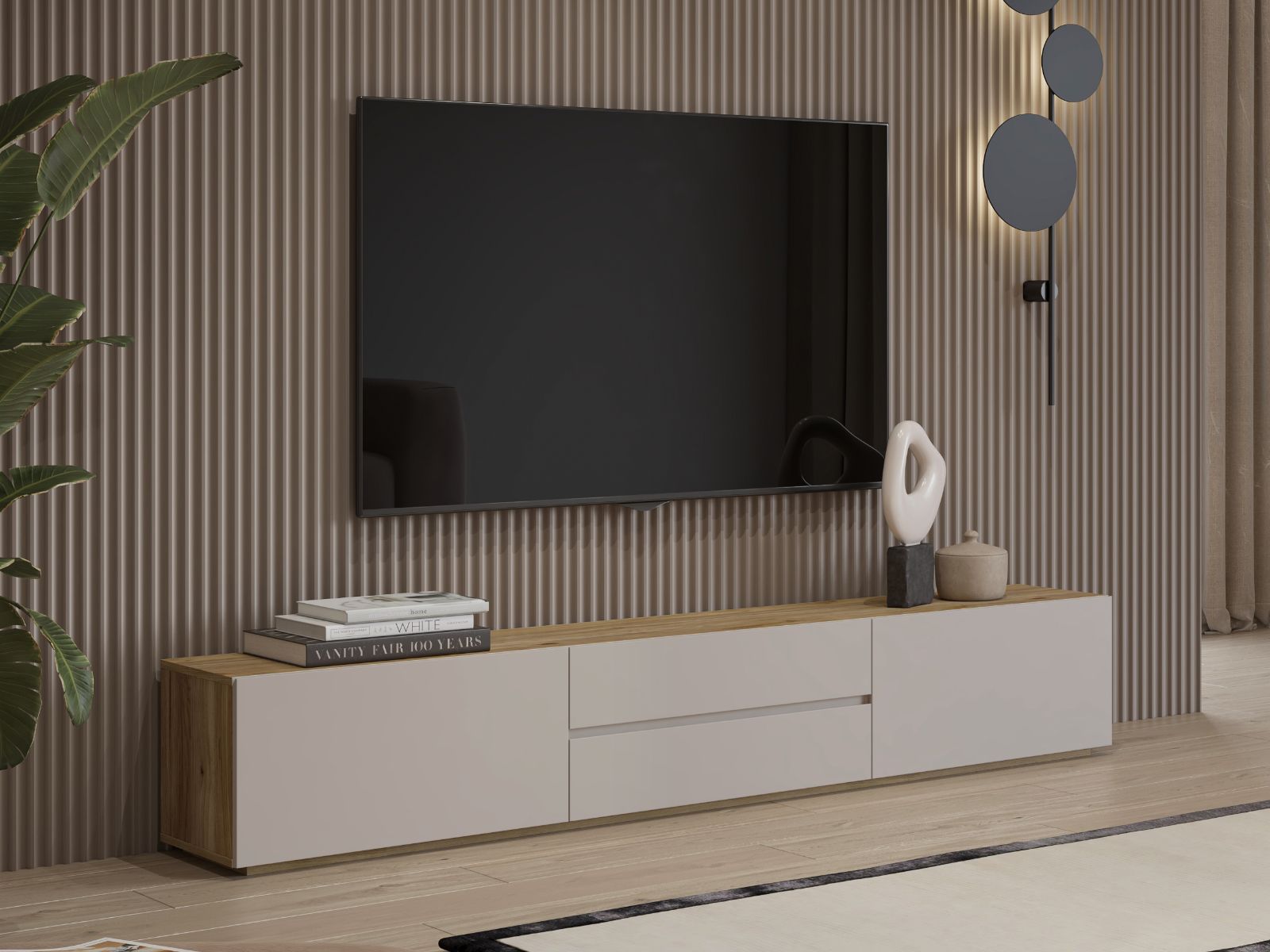 Meuble tv-hifi KRISY 2 portes 2 tiroirs cachemire/chêne mauvella