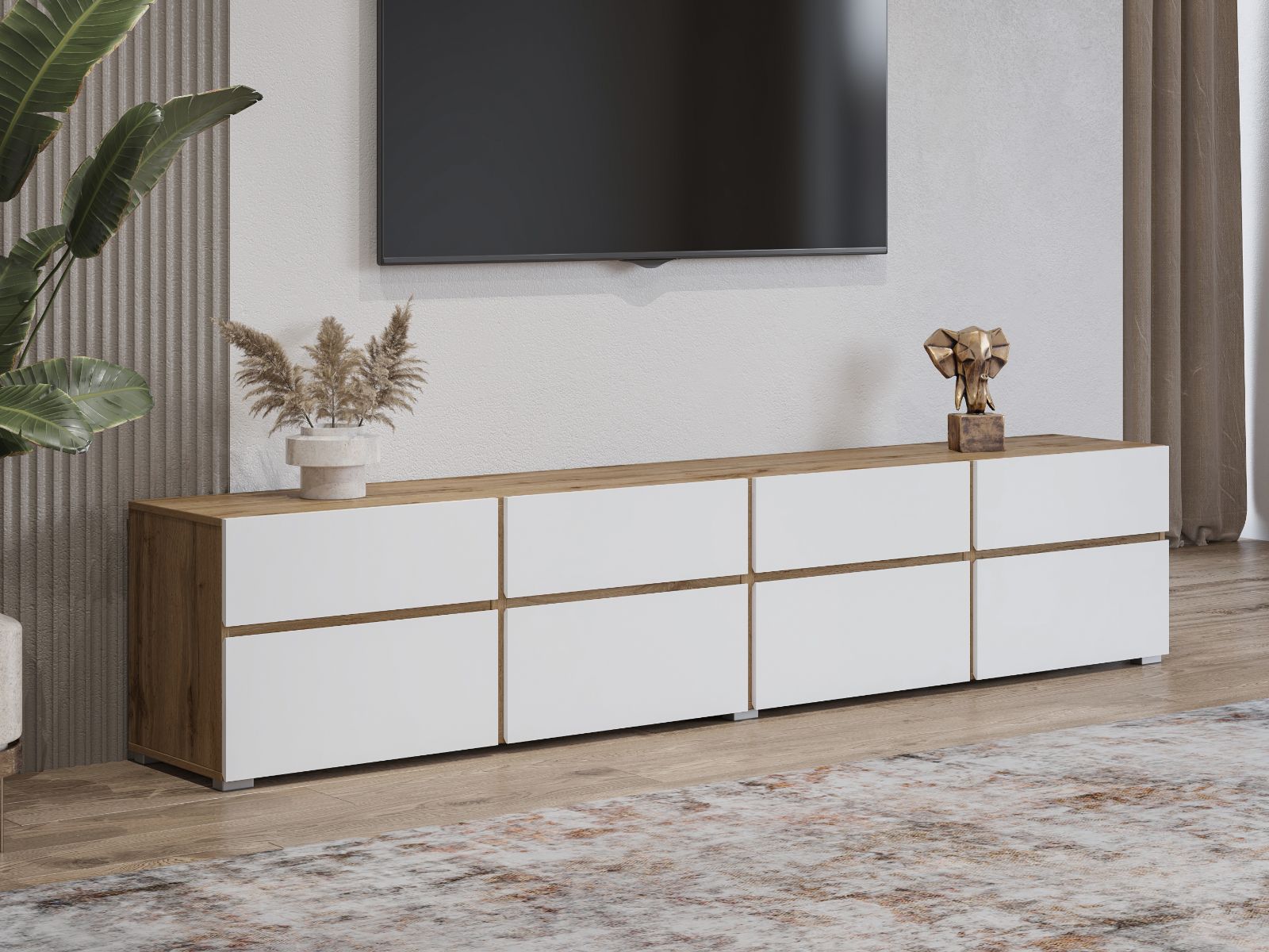 Meuble tv-hifi CROSSAIR 4 portes battantes 4 tiroirs blanc/chêne wotan