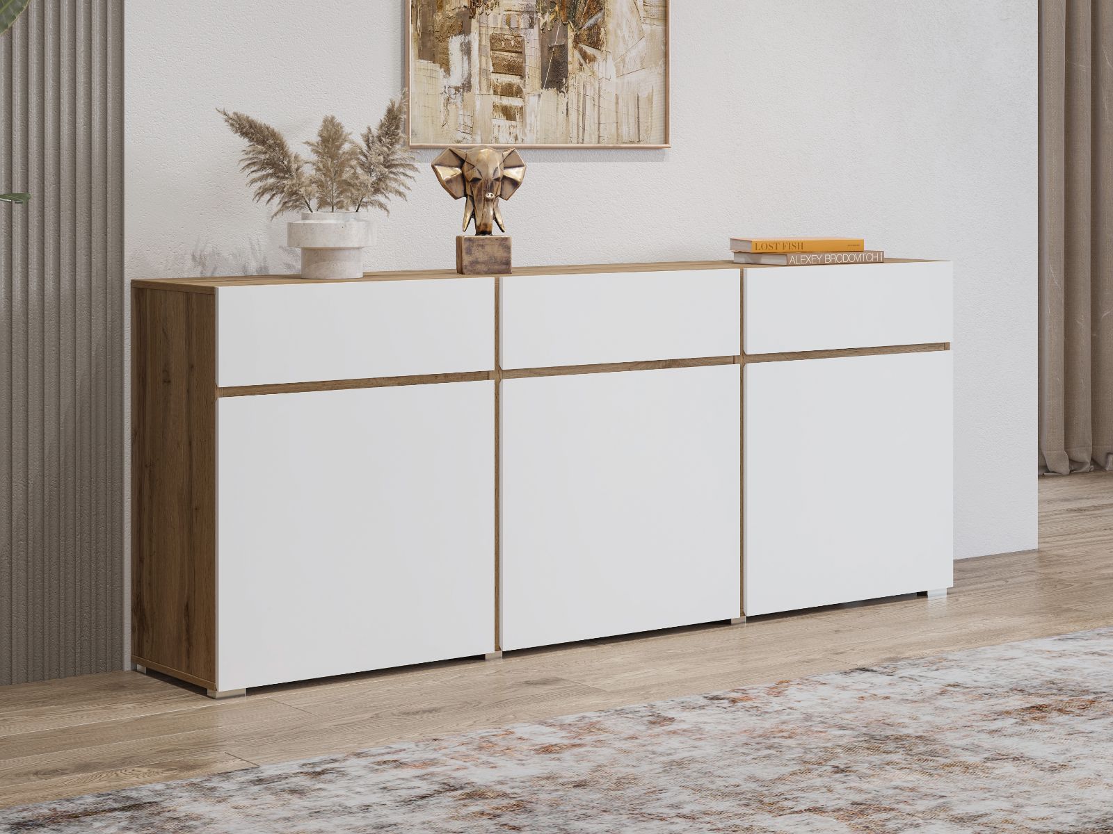 Buffet/bahut CROSSAIR 3 portes 3 tiroirs blanc/chêne wotan