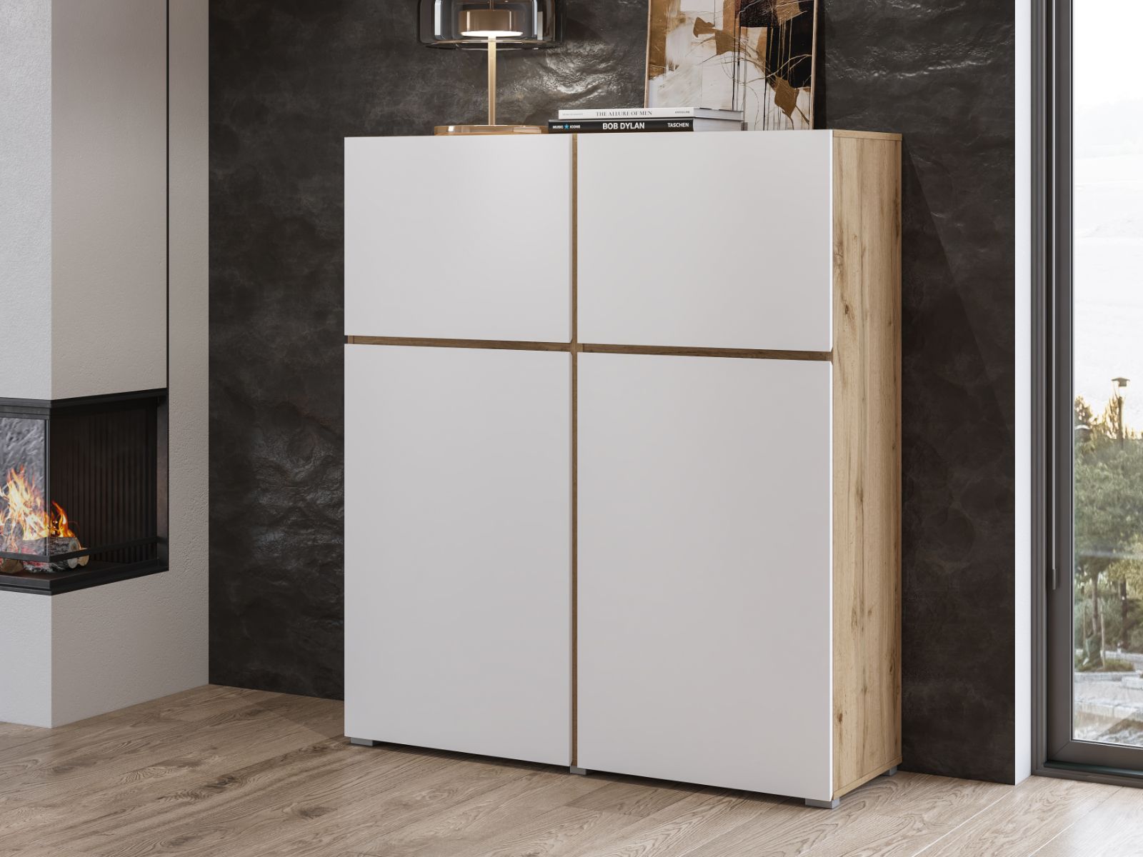 Commode CROSSAIR 4 portes blanc/chêne wotan