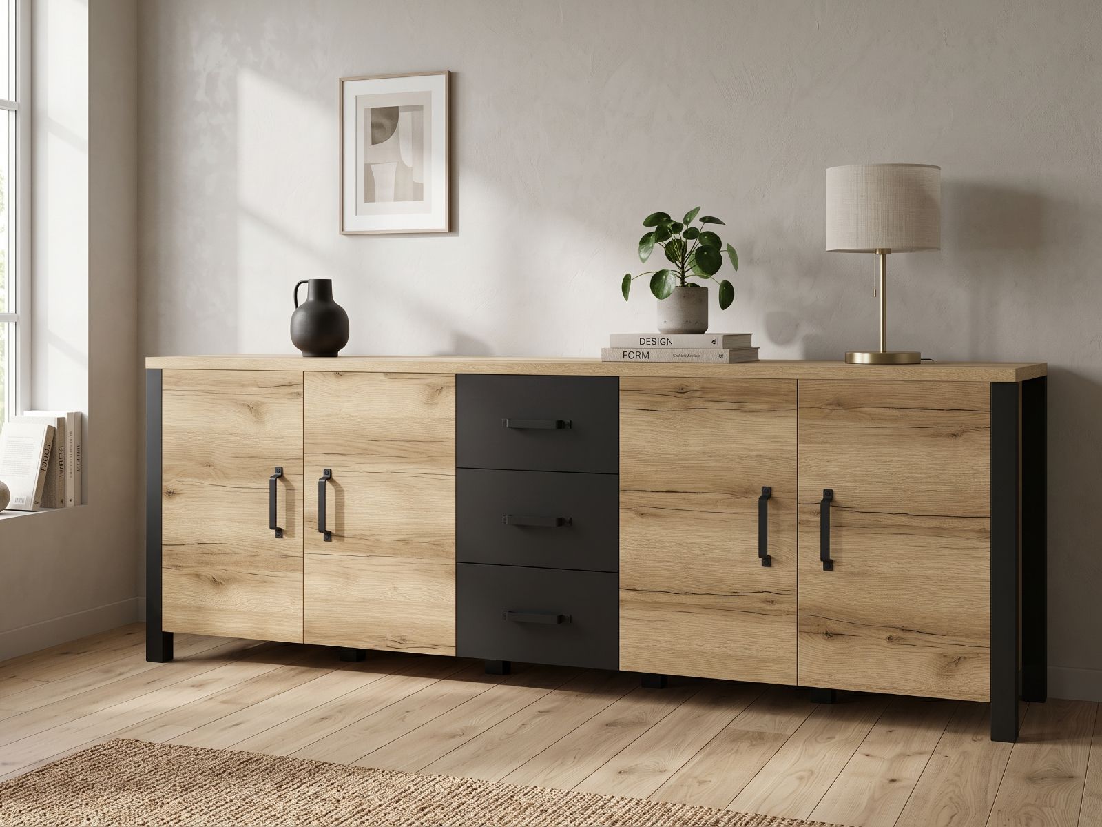 Buffet/bahut OLIANNE 4 portes 3 tiroirs chêne naturel