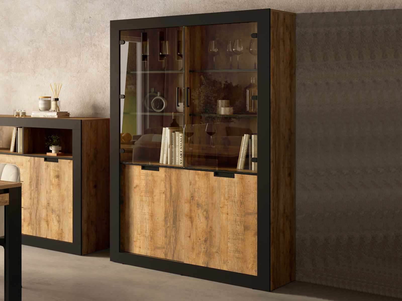 Vitrine TUDORO 4 portes chêne samdal/noir mat