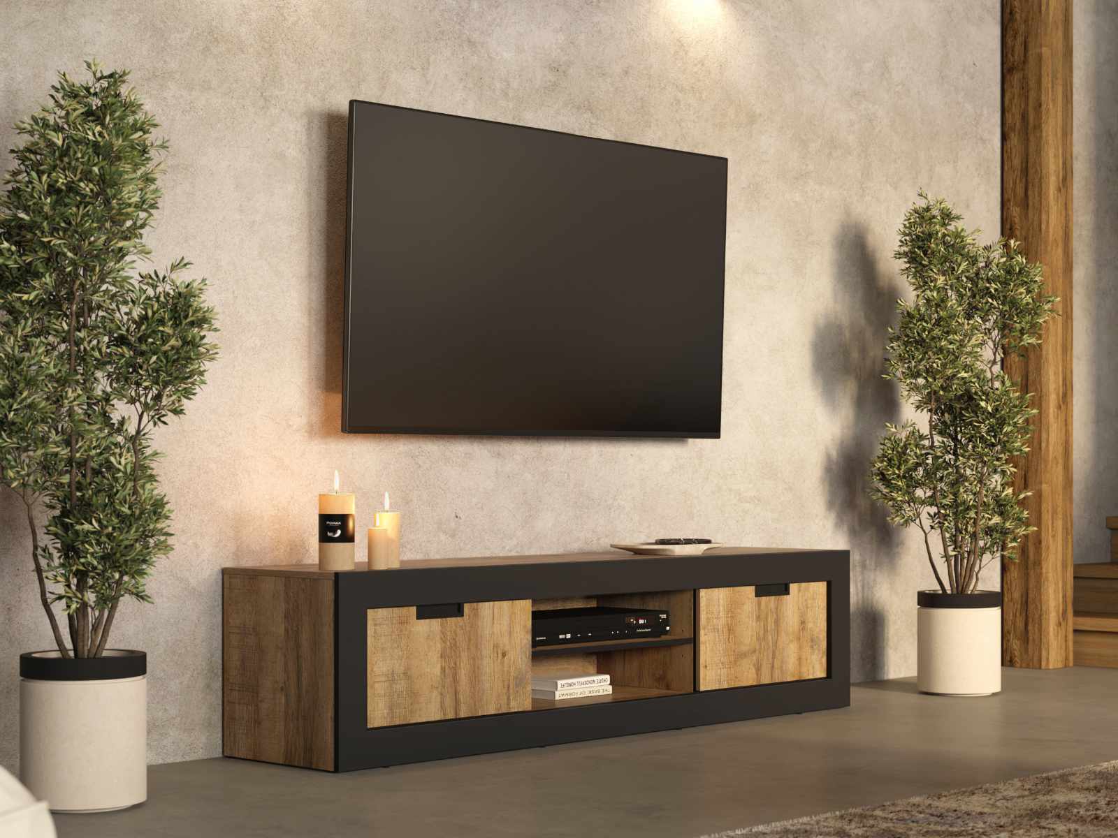 Meuble tv-hifi TUDORO 2 portes coulissants chêne samdal/noir mat