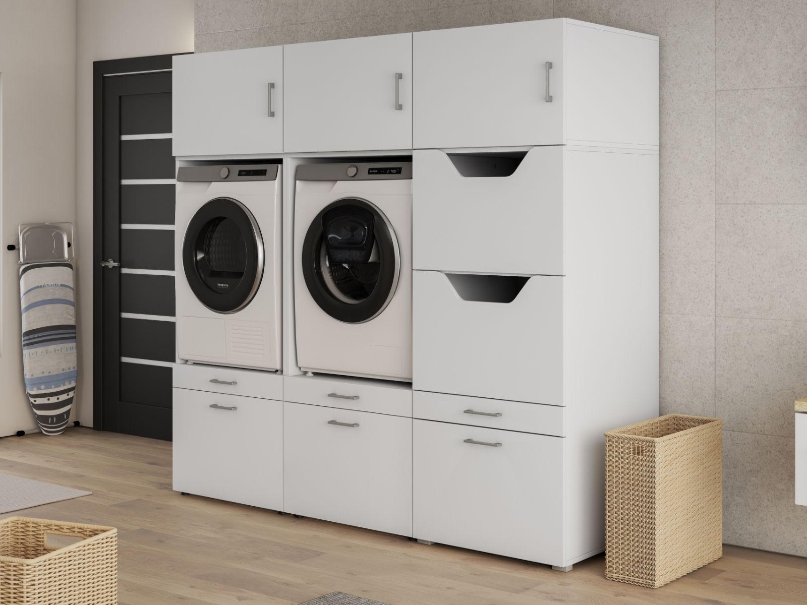 Meuble WASHING 2 machines côte à côte avec armoire linge blanc avec 3 surmeubles