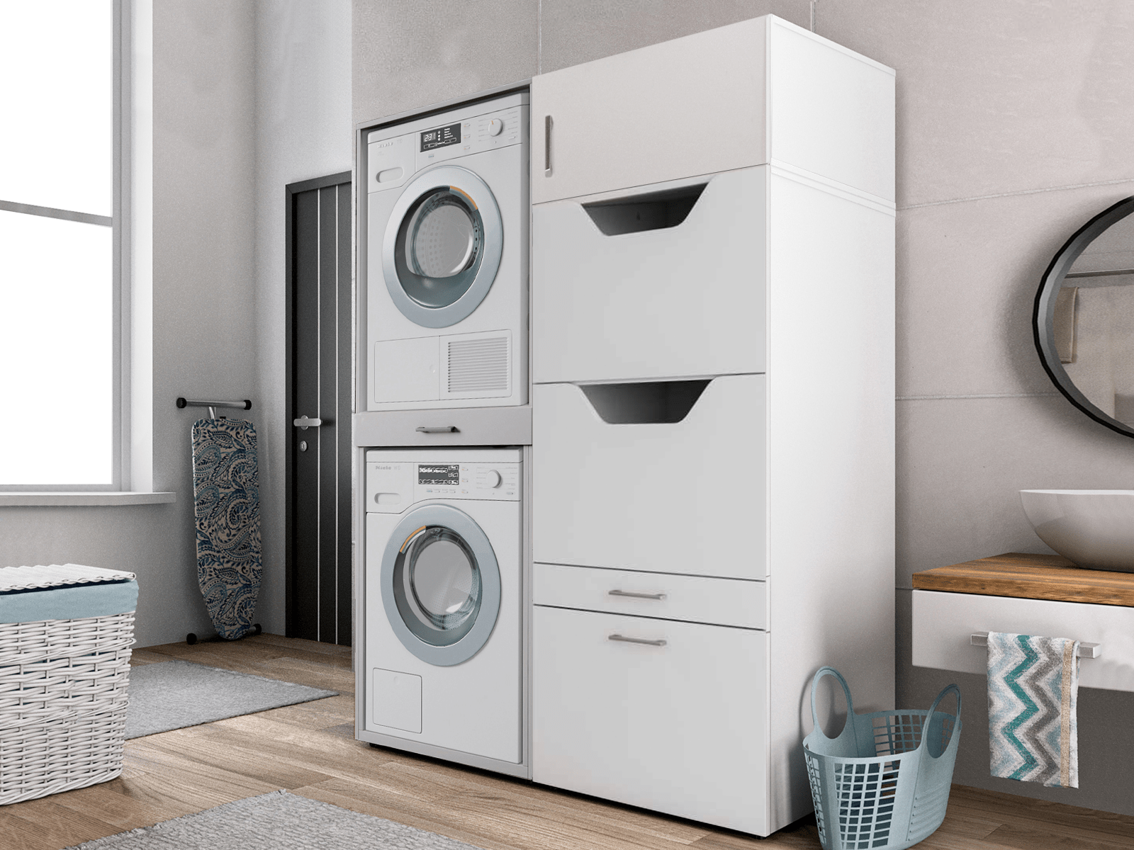 Meuble WASHING 2 machines superposé avec 1 armoire linge blanc avec 1 surmeuble