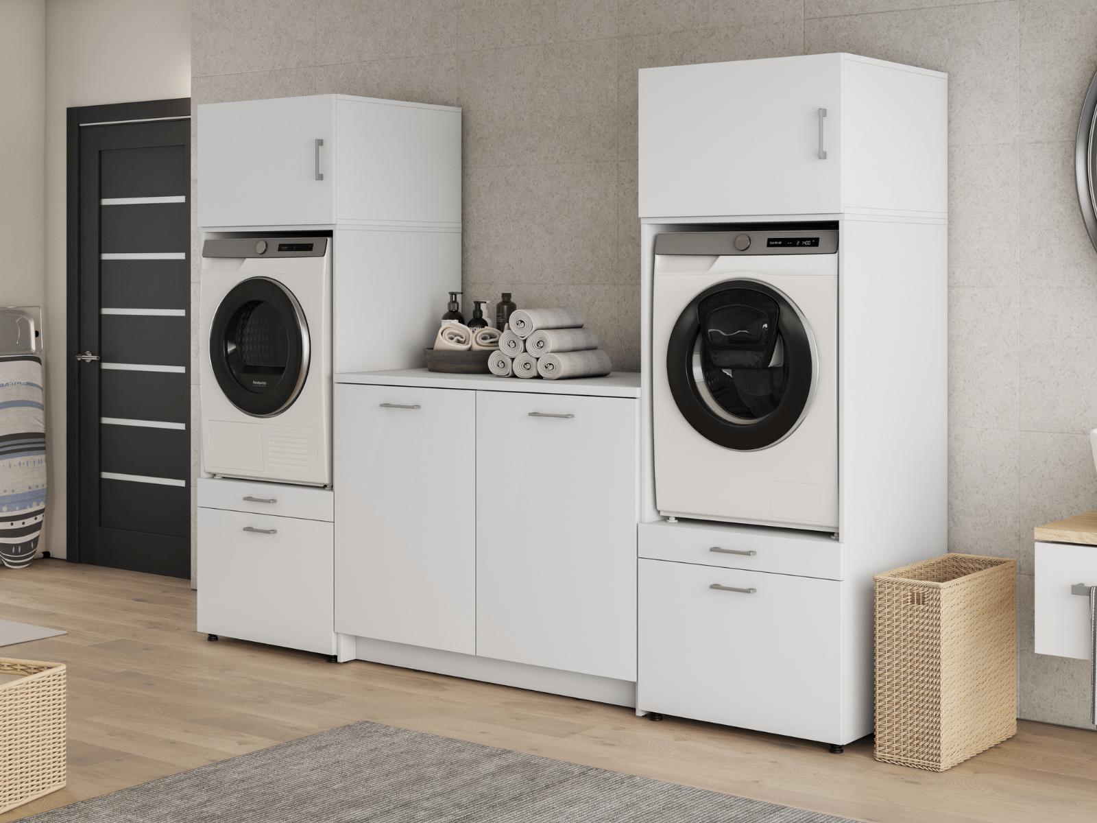 Meuble WASHING 2 machines avec meuble bas blanc avec 2 surmeubles