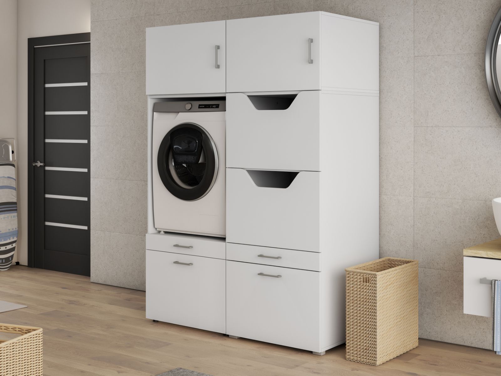 Meuble WASHING 1 machine avec armoire linge blanc avec 2 surmeubles